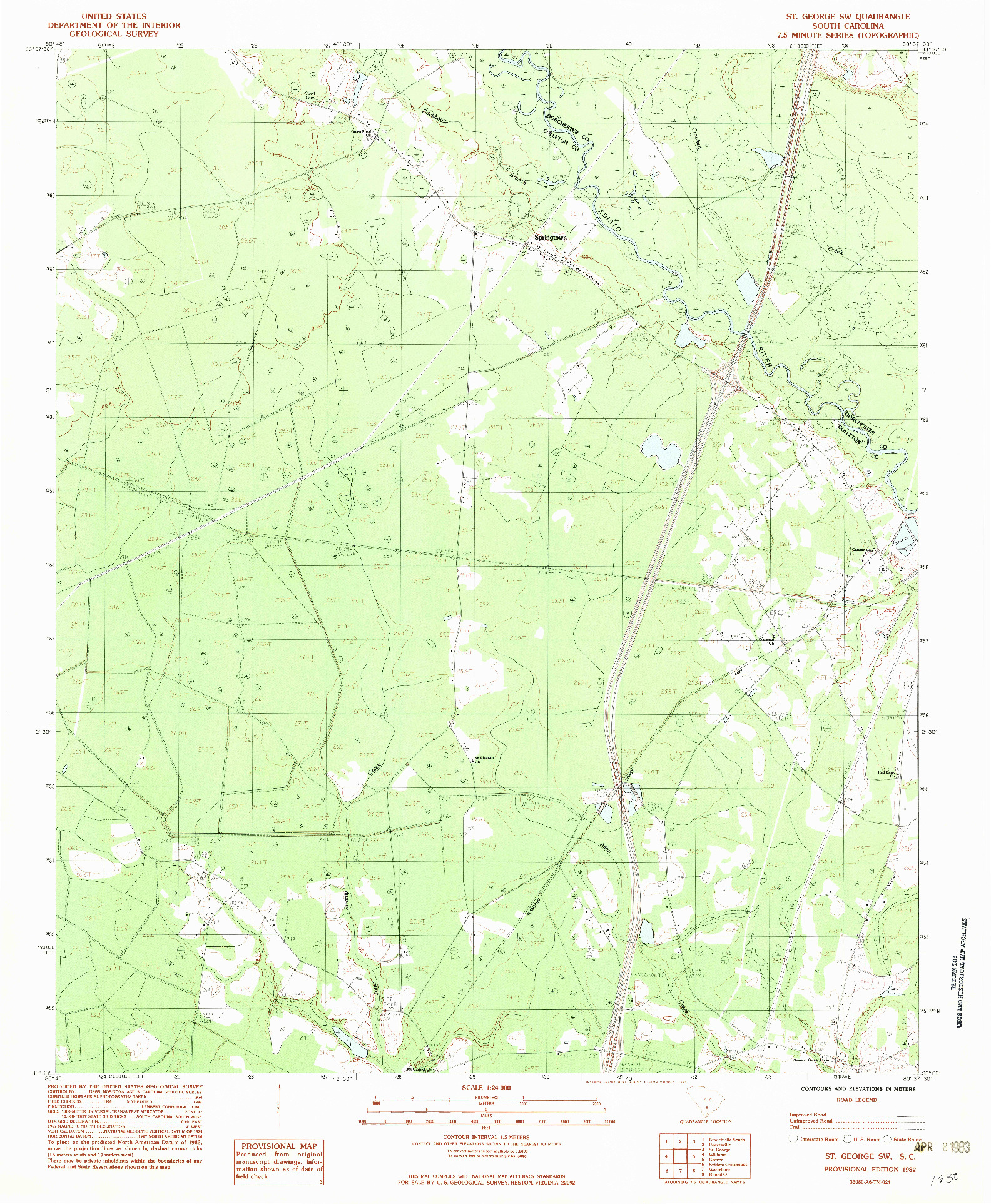 USGS 1:24000-SCALE QUADRANGLE FOR ST. GEORGE SW, SC 1982