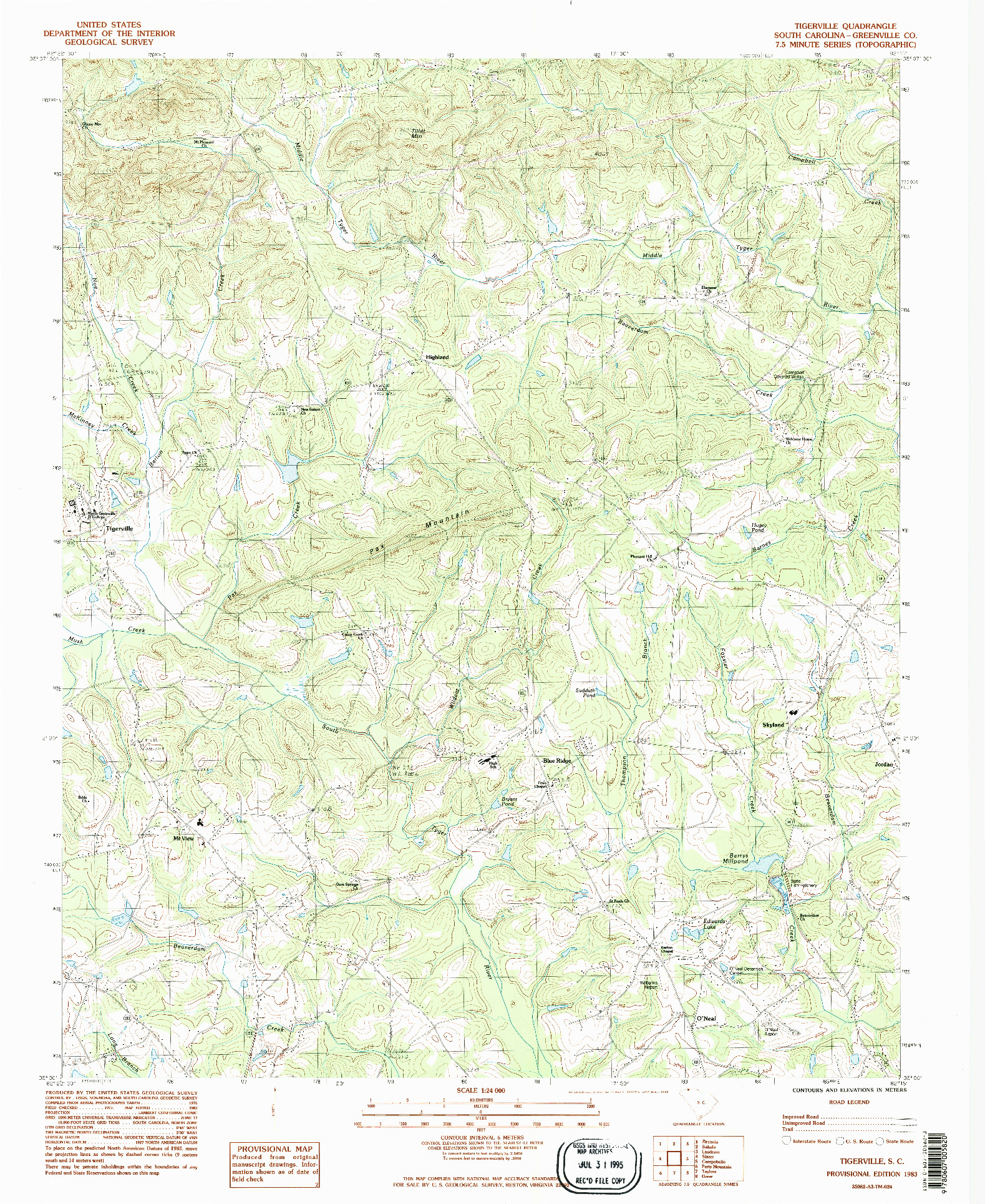 USGS 1:24000-SCALE QUADRANGLE FOR TIGERVILLE, SC 1983