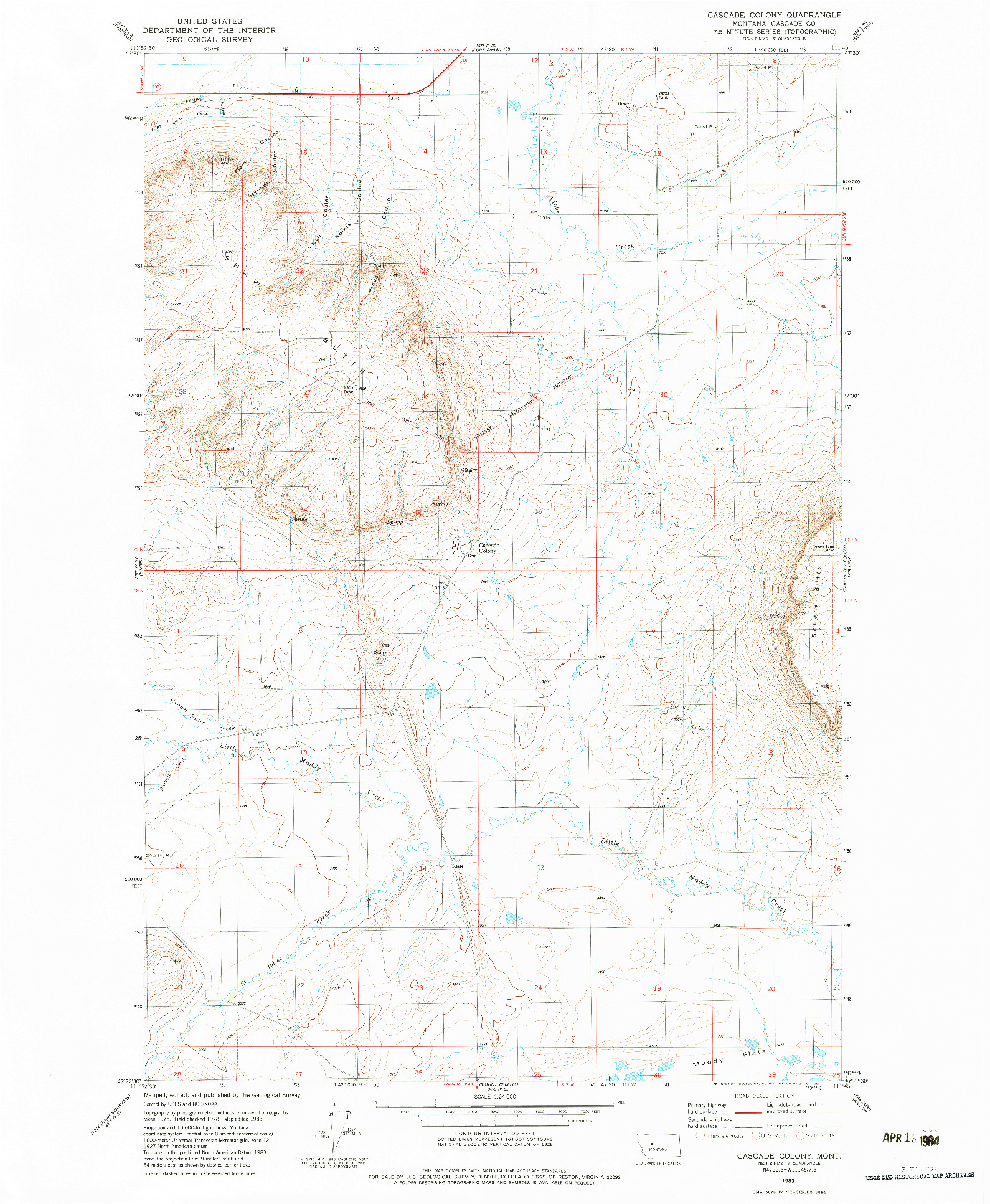 USGS 1:24000-SCALE QUADRANGLE FOR CASCADE COLONY, MT 1983