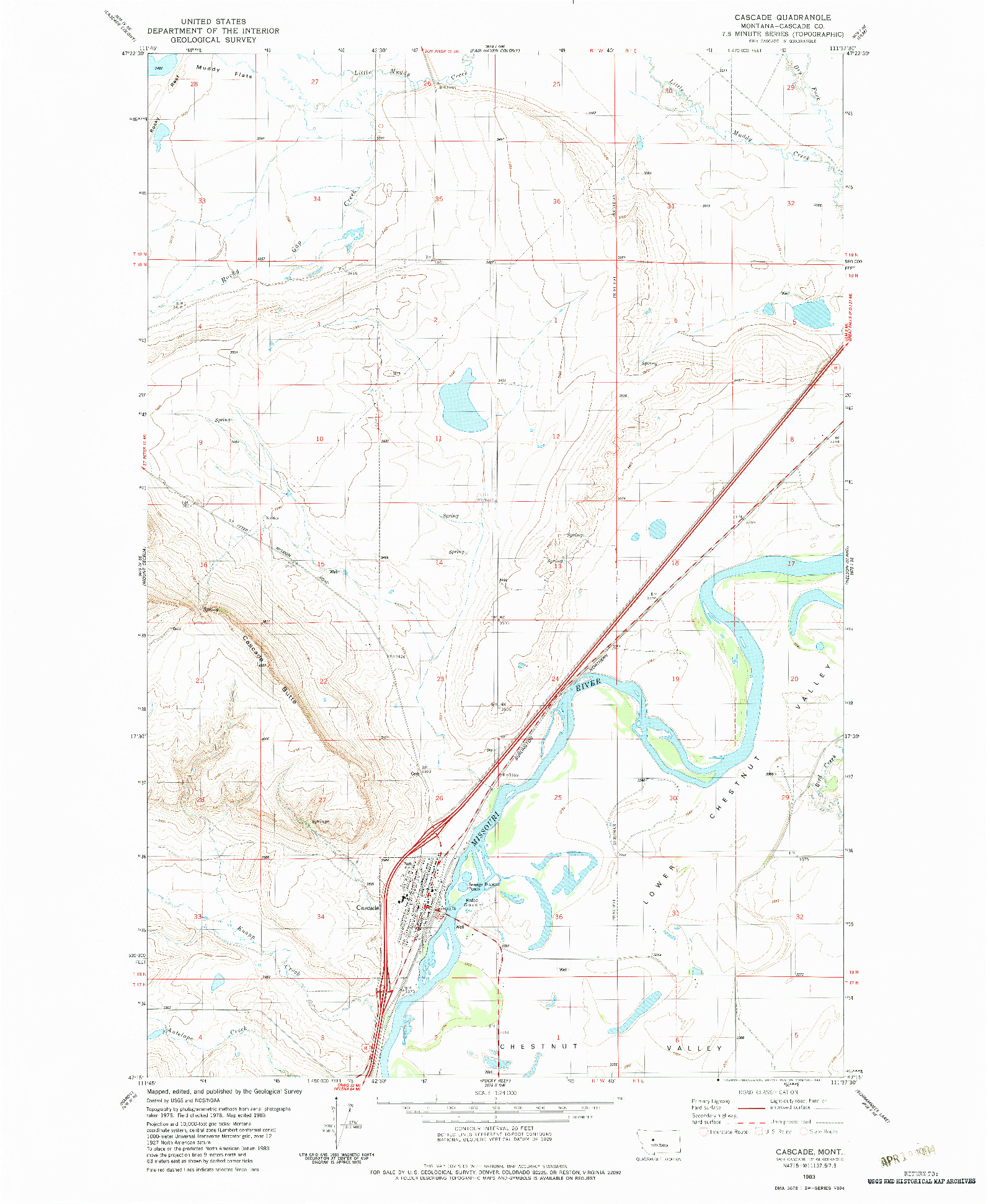 USGS 1:24000-SCALE QUADRANGLE FOR CASCADE, MT 1983