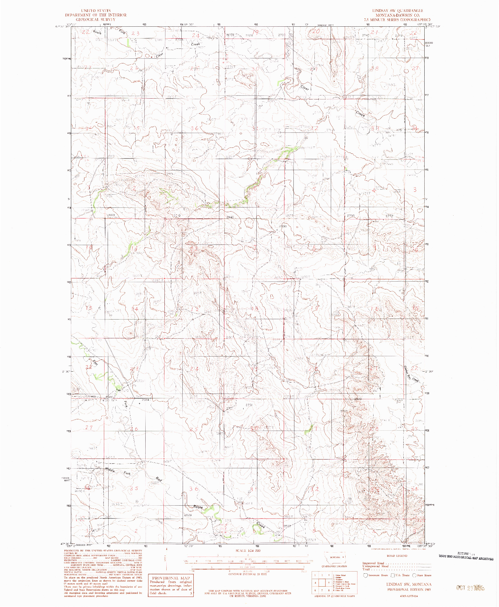 USGS 1:24000-SCALE QUADRANGLE FOR LINDSAY SW, MT 1983