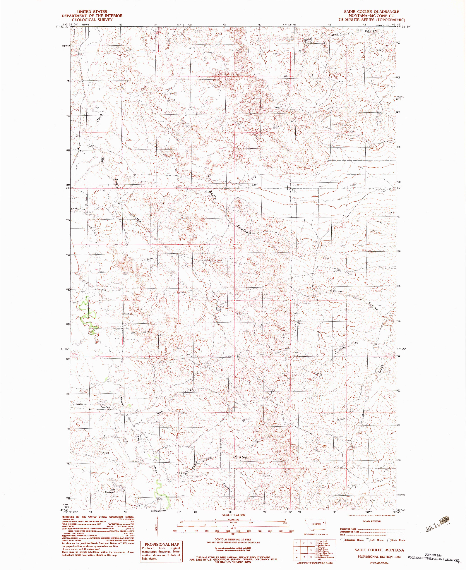 USGS 1:24000-SCALE QUADRANGLE FOR SADIE COULEE, MT 1983