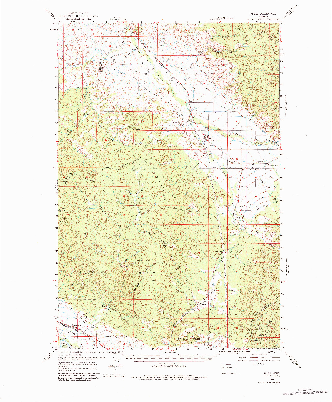 USGS 1:62500-SCALE QUADRANGLE FOR ARLEE, MT 1959