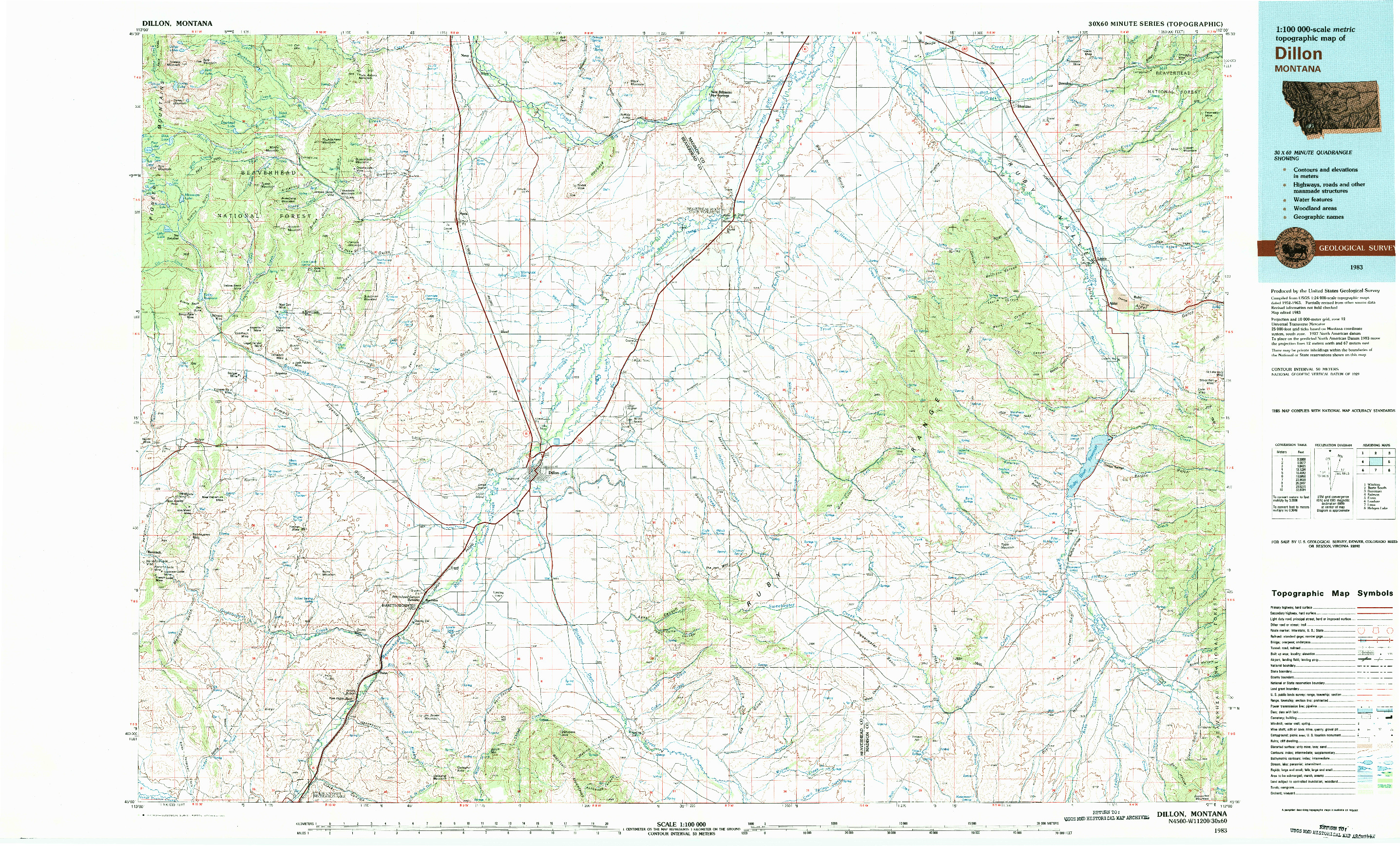 USGS 1:100000-SCALE QUADRANGLE FOR DILLON, MT 1983