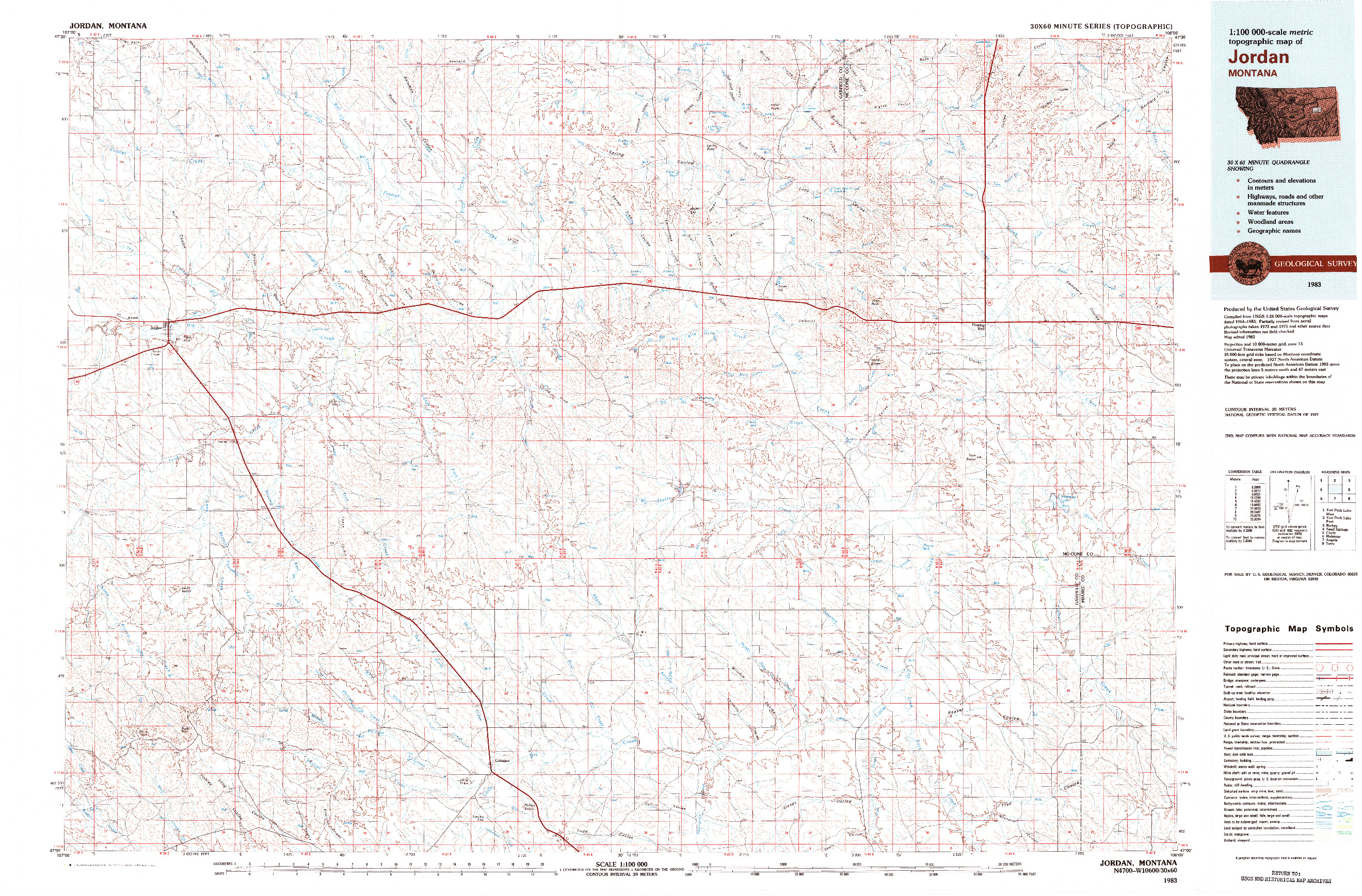 USGS 1:100000-SCALE QUADRANGLE FOR JORDAN, MT 1983