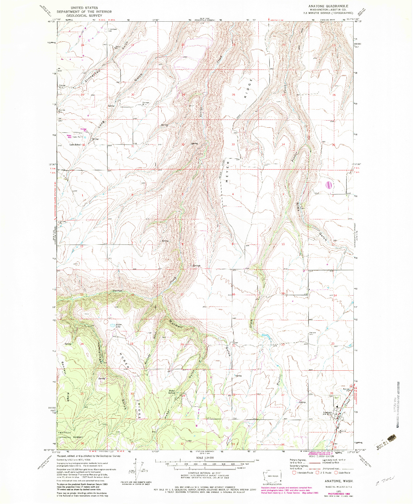 USGS 1:24000-SCALE QUADRANGLE FOR ANATONE, WA 1971