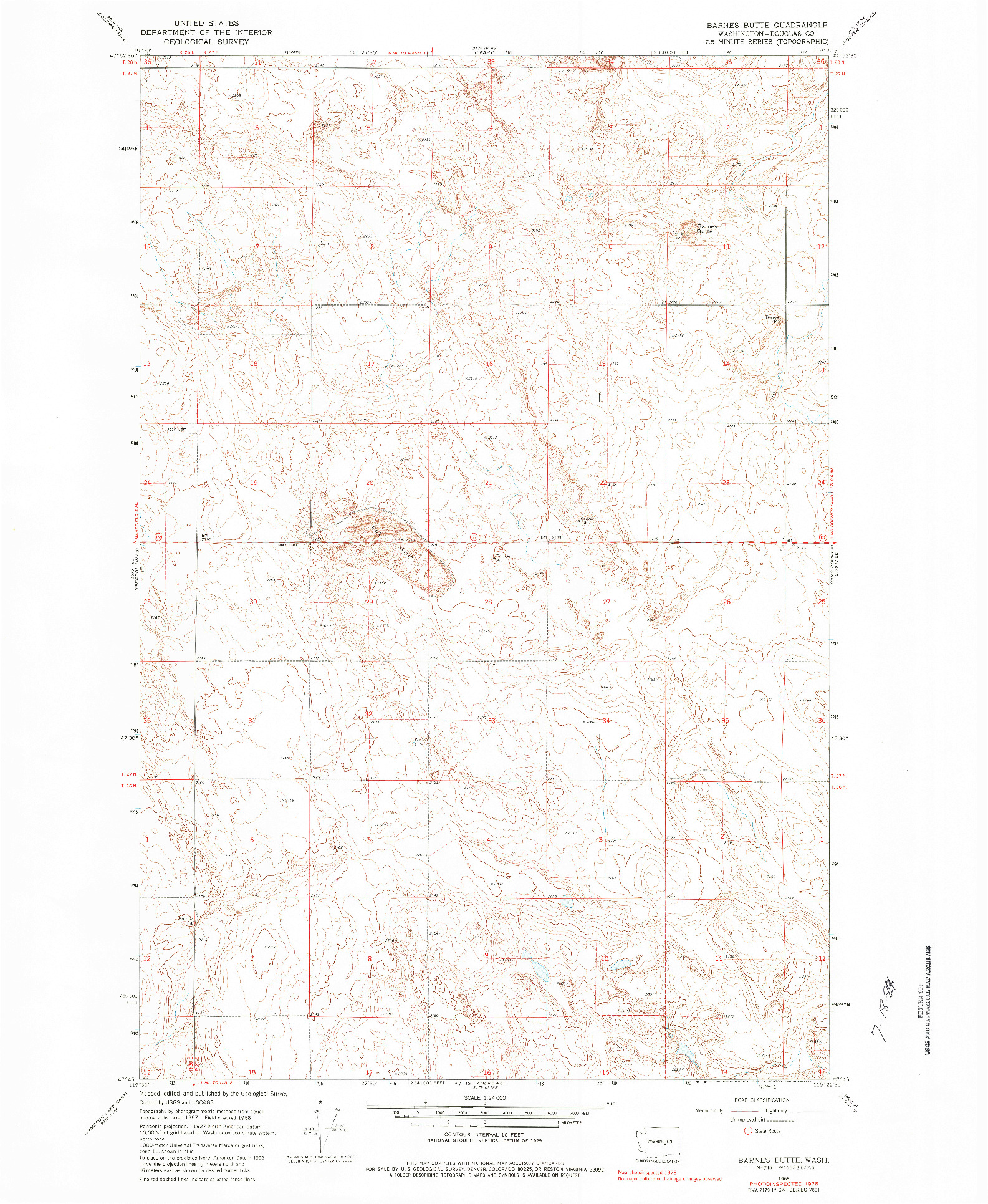 USGS 1:24000-SCALE QUADRANGLE FOR BARNES BUTTE, WA 1968