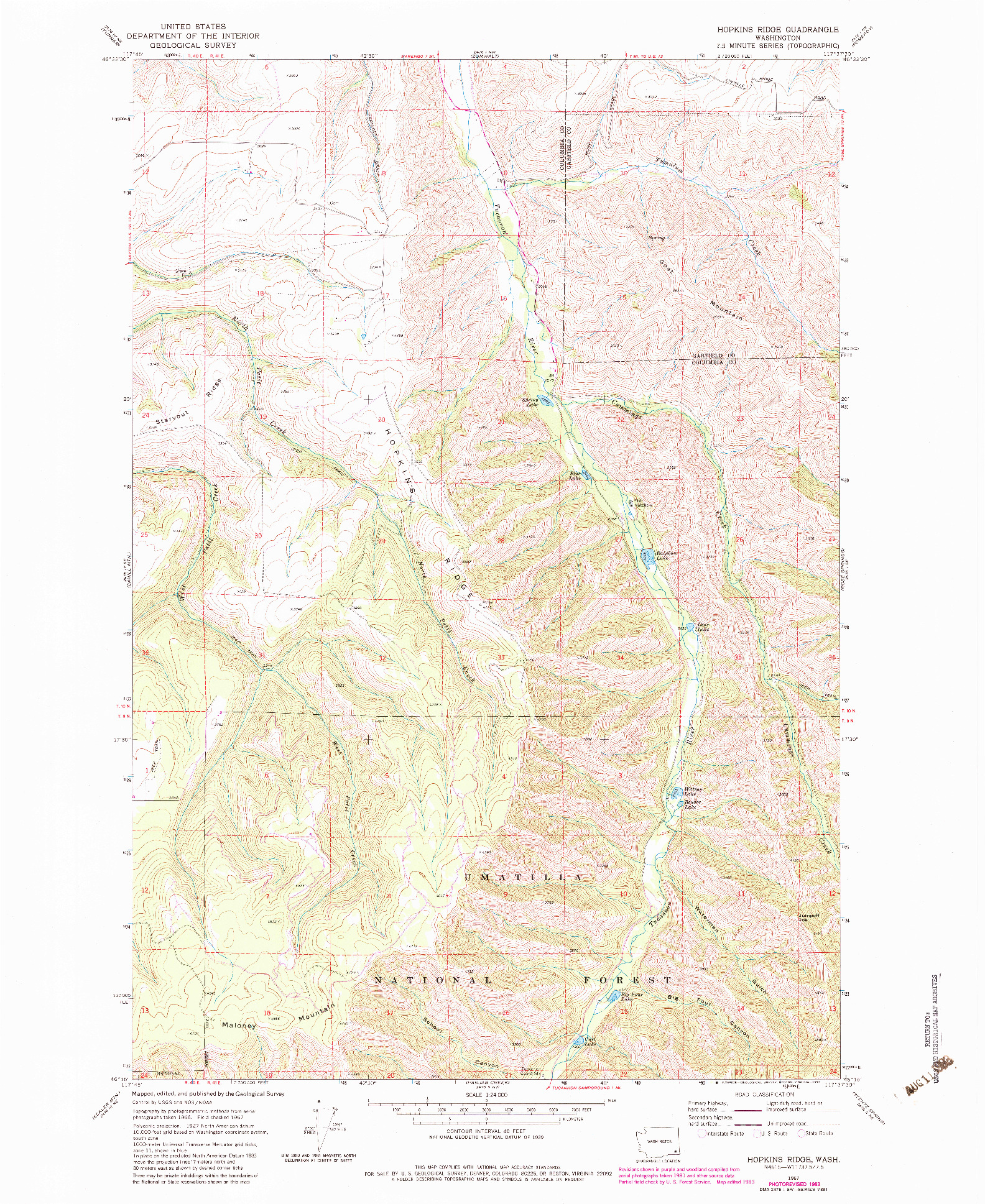 USGS 1:24000-SCALE QUADRANGLE FOR HOPKINS RIDGE, WA 1967