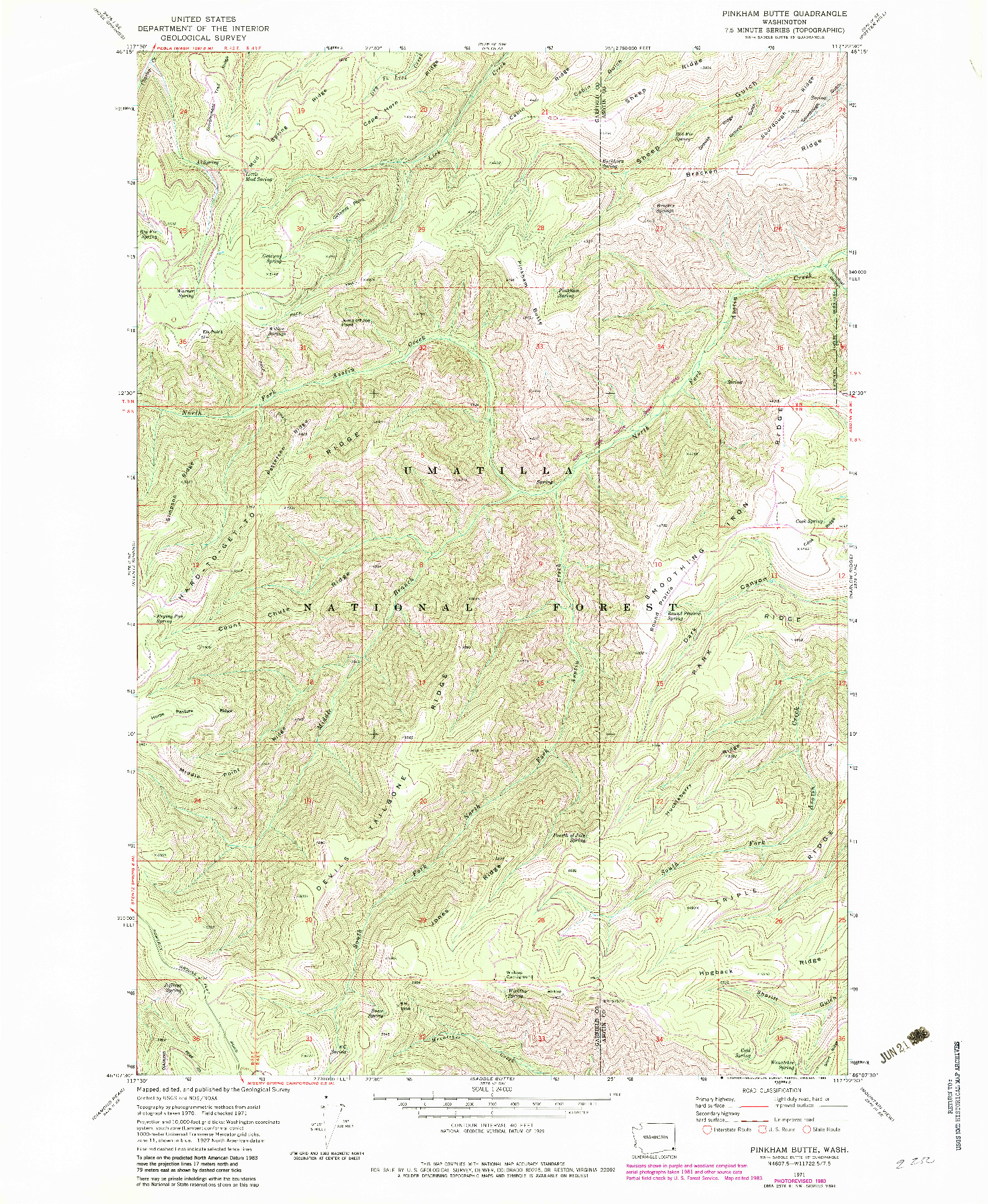 USGS 1:24000-SCALE QUADRANGLE FOR PINKHAM BUTTE, WA 1971