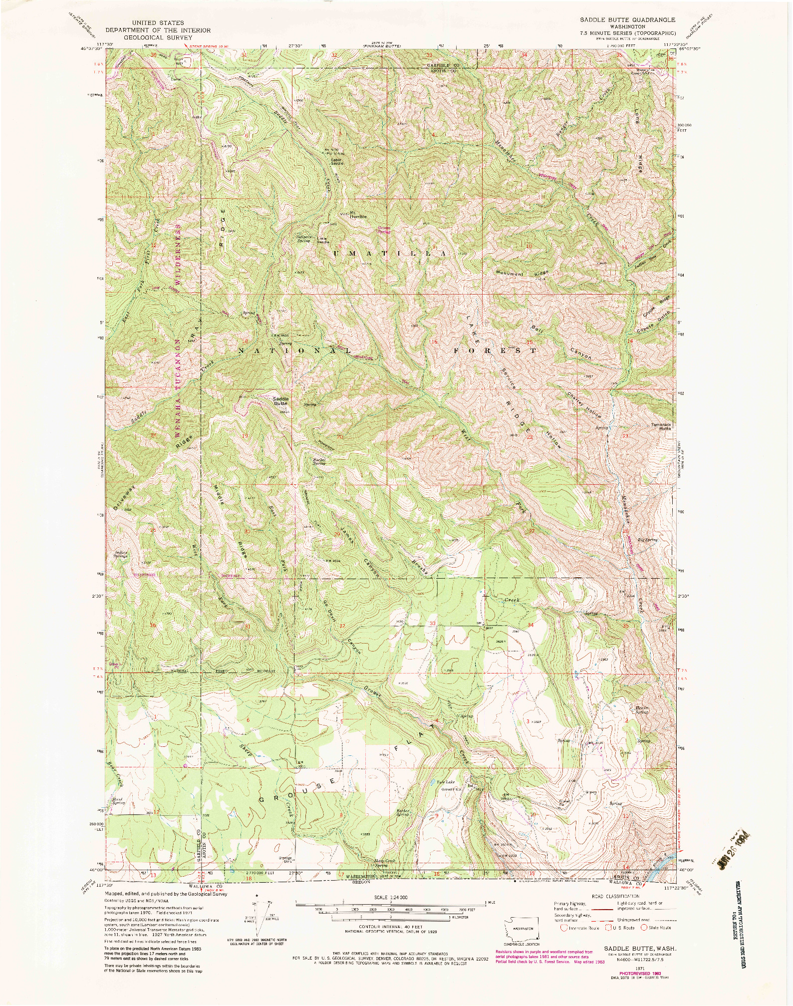 USGS 1:24000-SCALE QUADRANGLE FOR SADDLE BUTTE, WA 1971