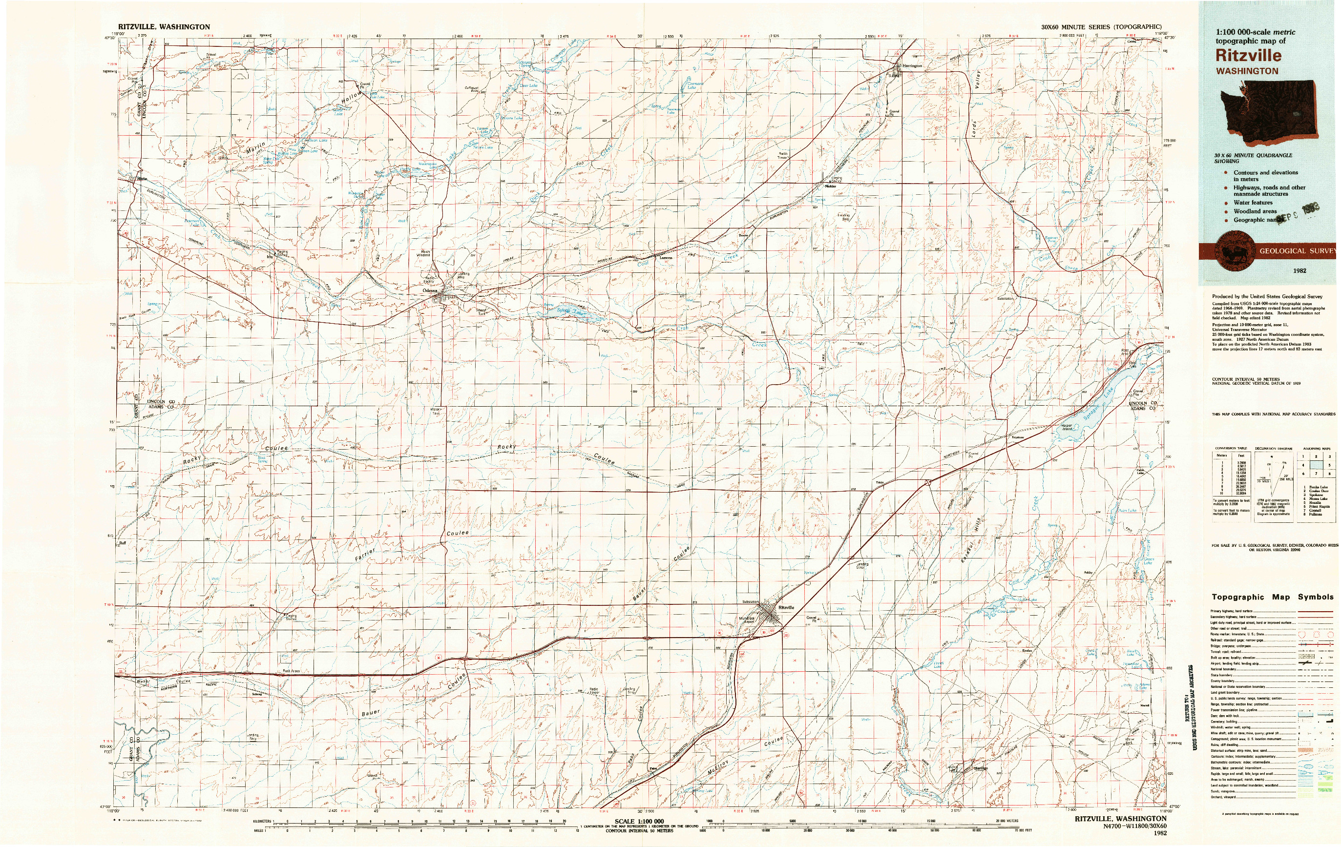 USGS 1:100000-SCALE QUADRANGLE FOR RITZVILLE, WA 1982