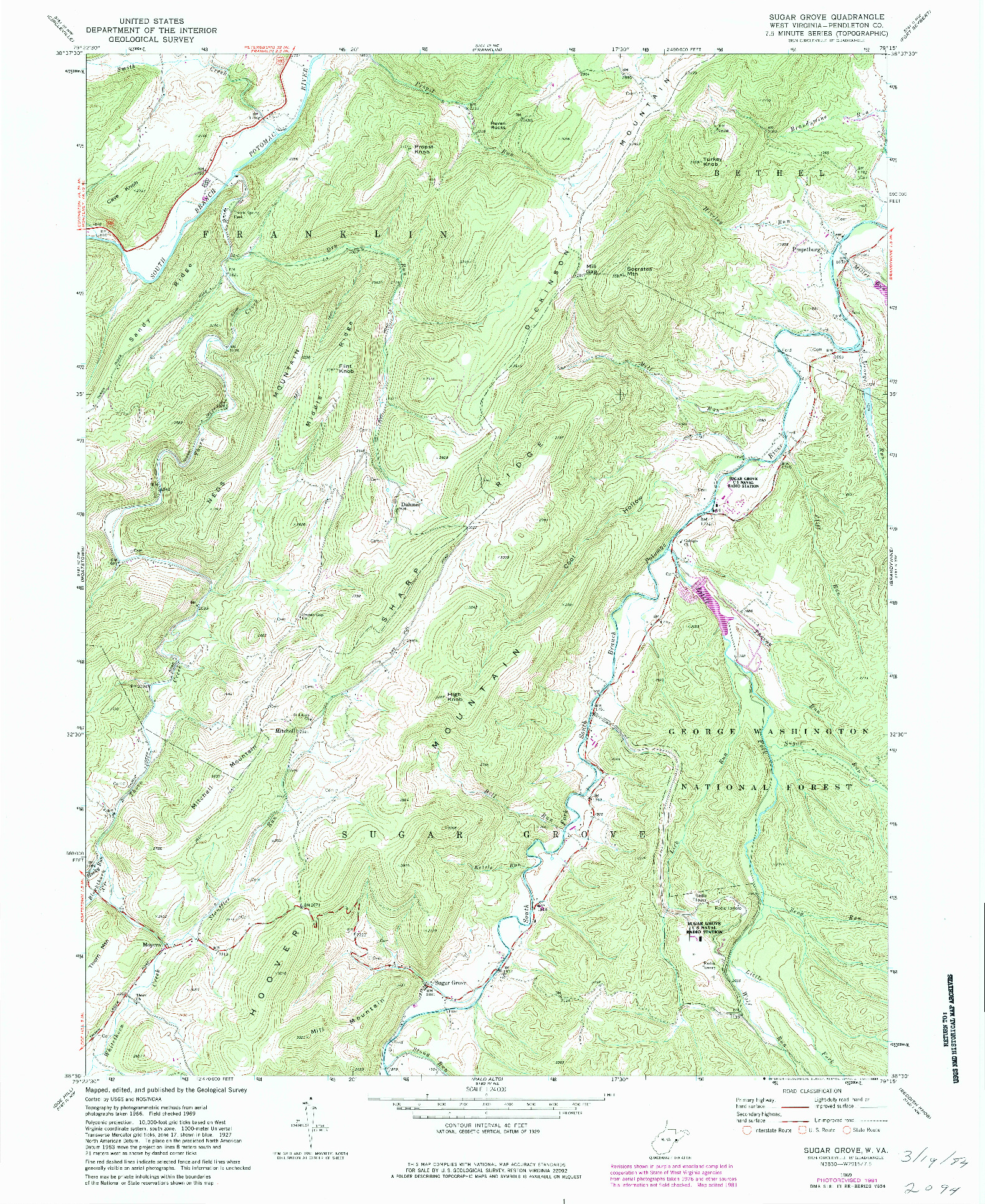 USGS 1:24000-SCALE QUADRANGLE FOR SUGAR GROVE, WV 1969