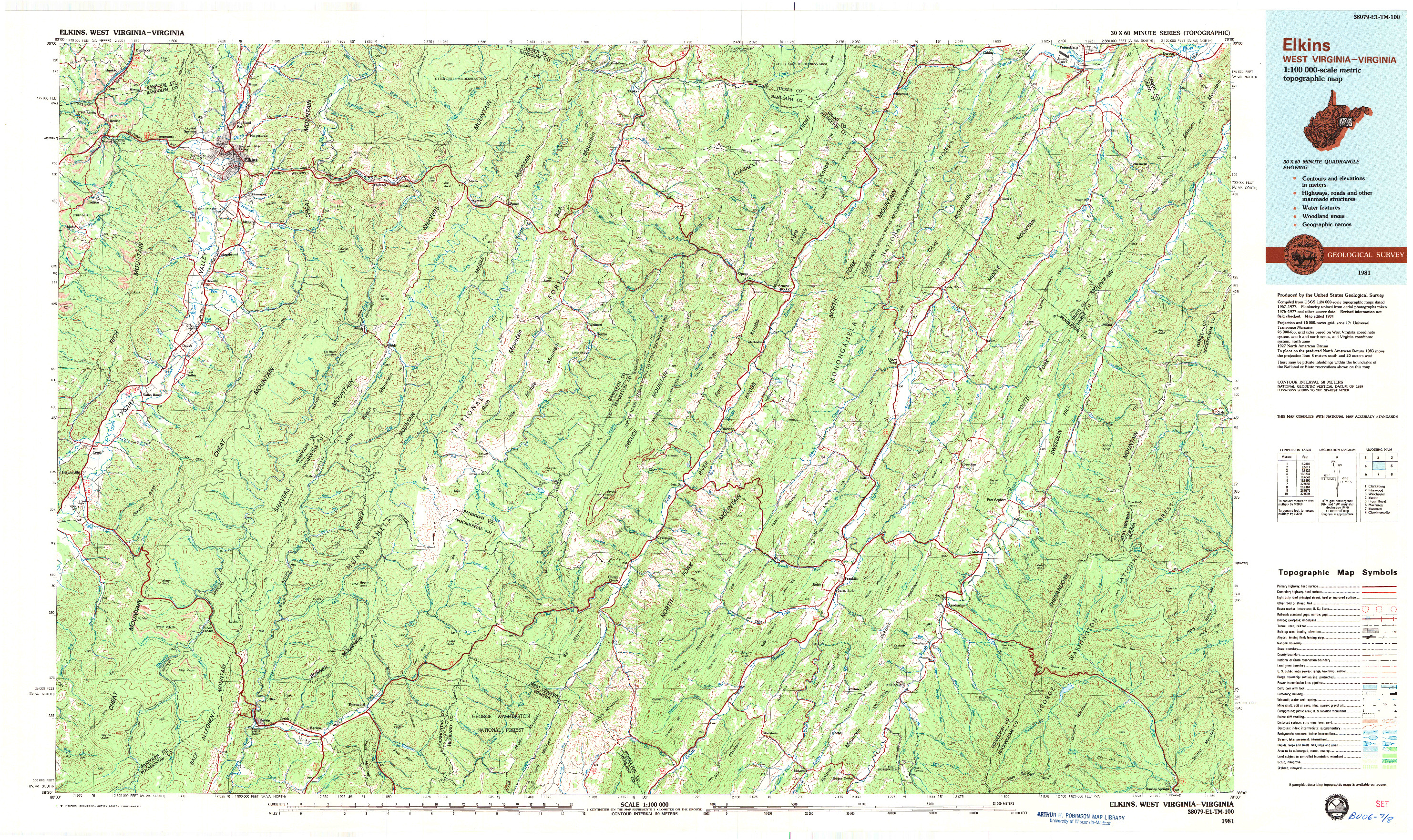 USGS 1:100000-SCALE QUADRANGLE FOR ELKINS, WV 1981
