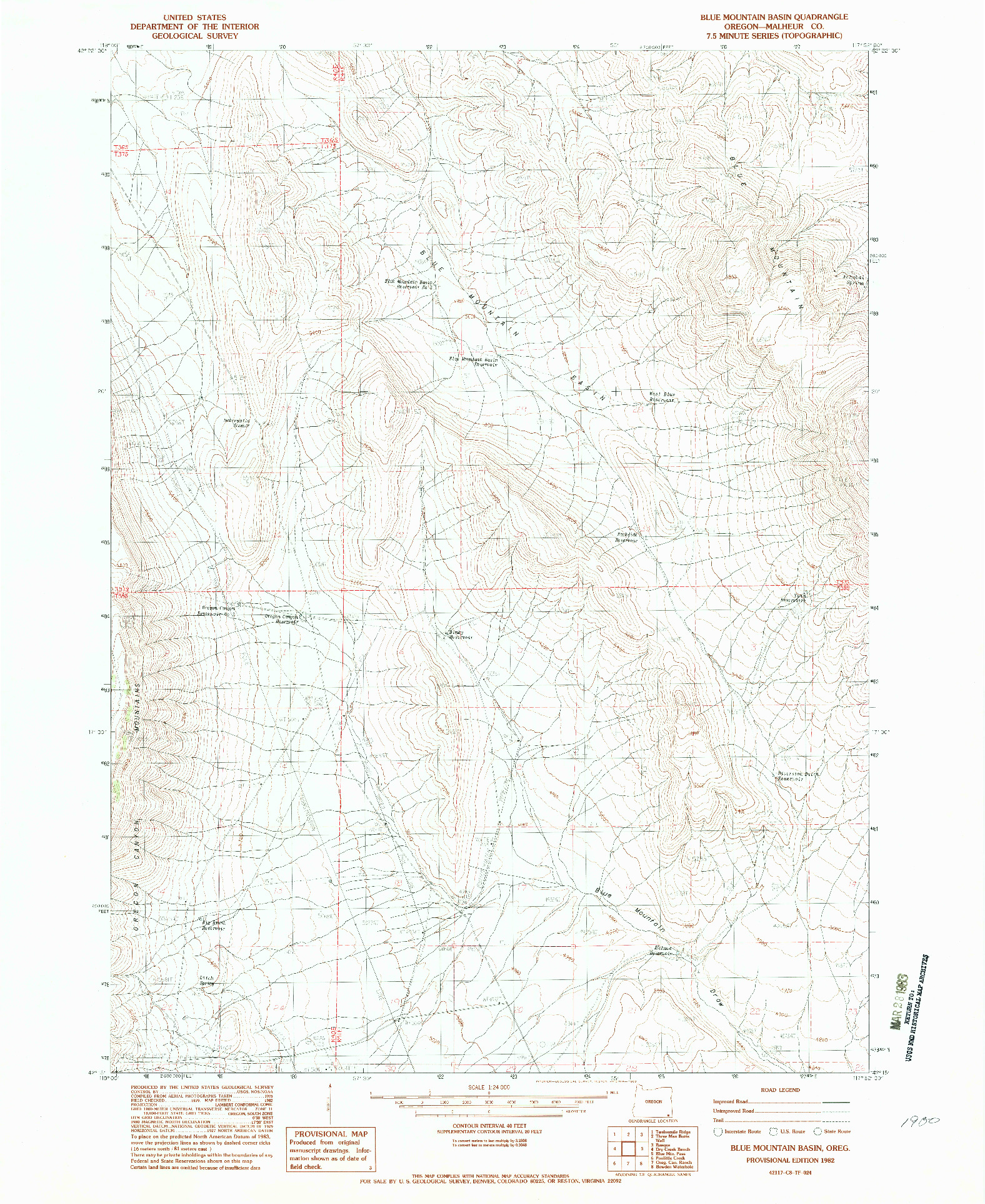 USGS 1:24000-SCALE QUADRANGLE FOR BLUE MOUNTAIN BASIN, OR 1982