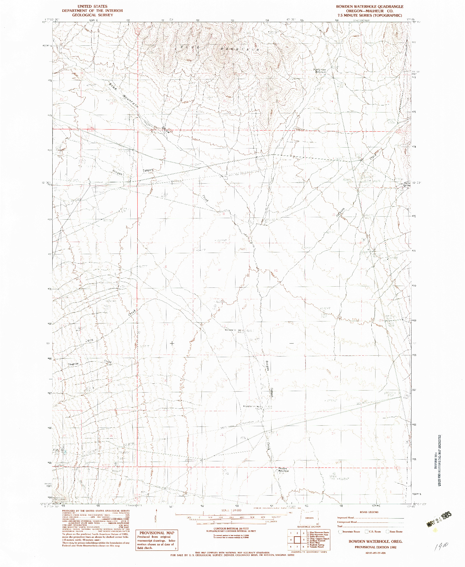 USGS 1:24000-SCALE QUADRANGLE FOR BOWDEN WATERHOLE, OR 1982