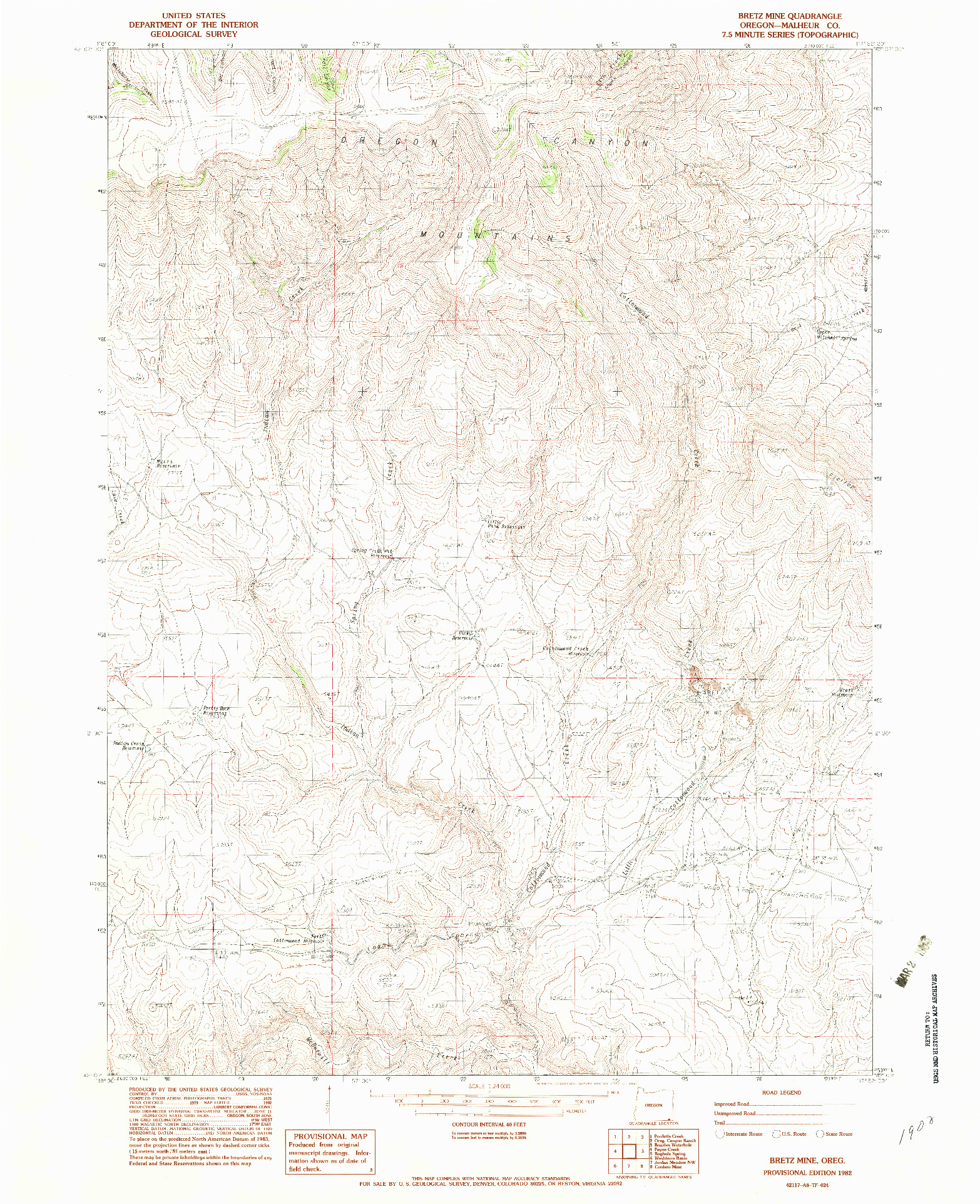 USGS 1:24000-SCALE QUADRANGLE FOR BRETZ MINE, OR 1982