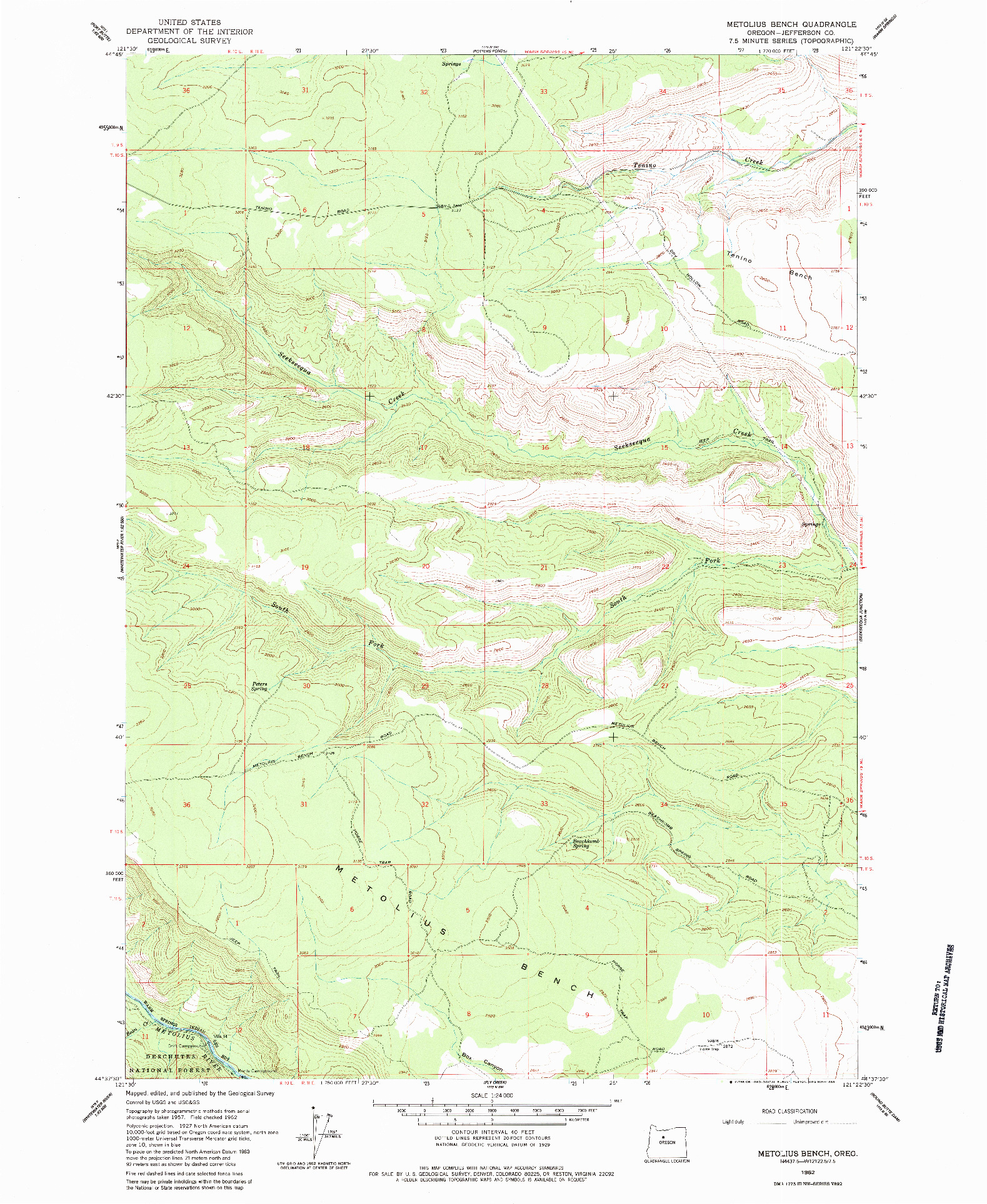 USGS 1:24000-SCALE QUADRANGLE FOR METOLIUS BENCH, OR 1962