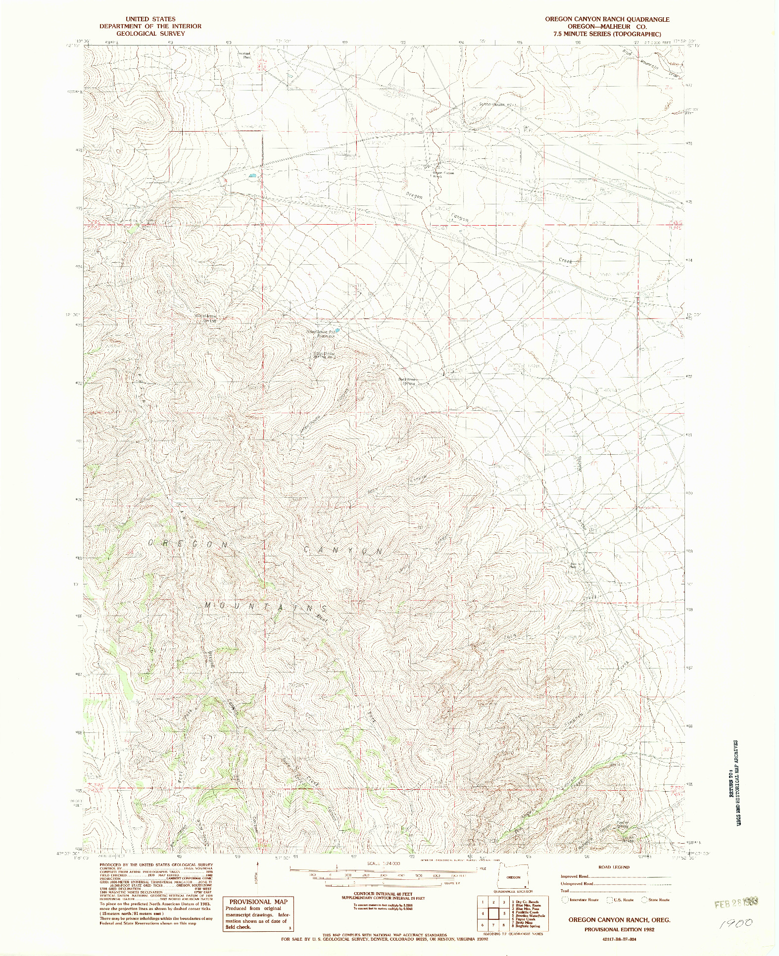 USGS 1:24000-SCALE QUADRANGLE FOR OREGON CANYON RANCH, OR 1982