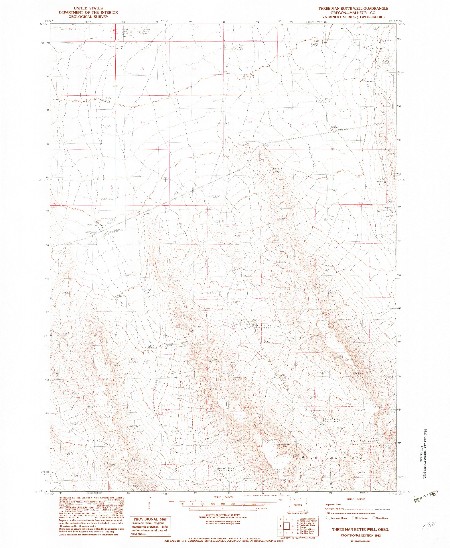 USGS 1:24000-SCALE QUADRANGLE FOR THREE MAN BUTTE WELL, OR 1982