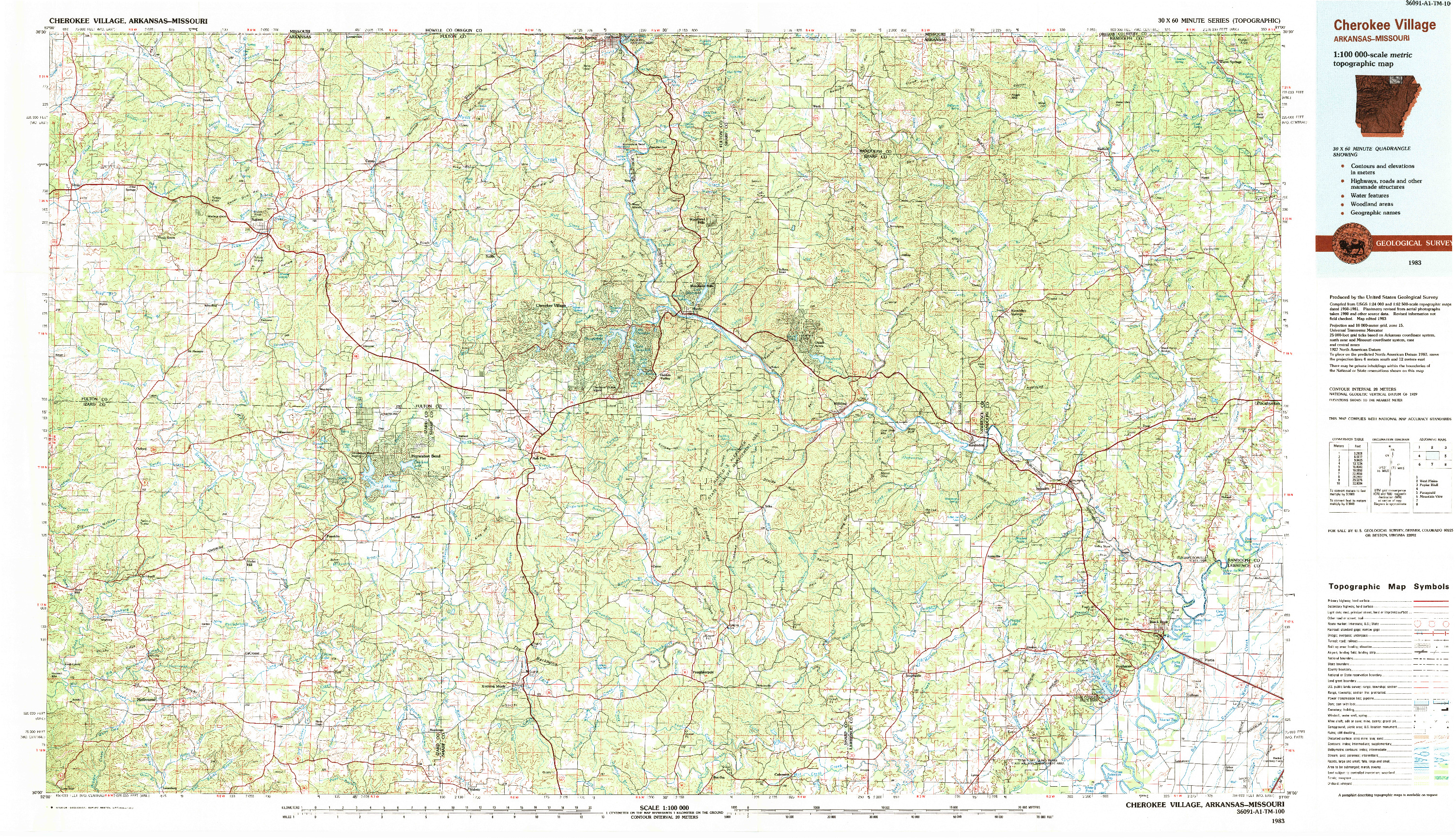 USGS 1:100000-SCALE QUADRANGLE FOR CHEROKEE VILLAGE, AR 1983