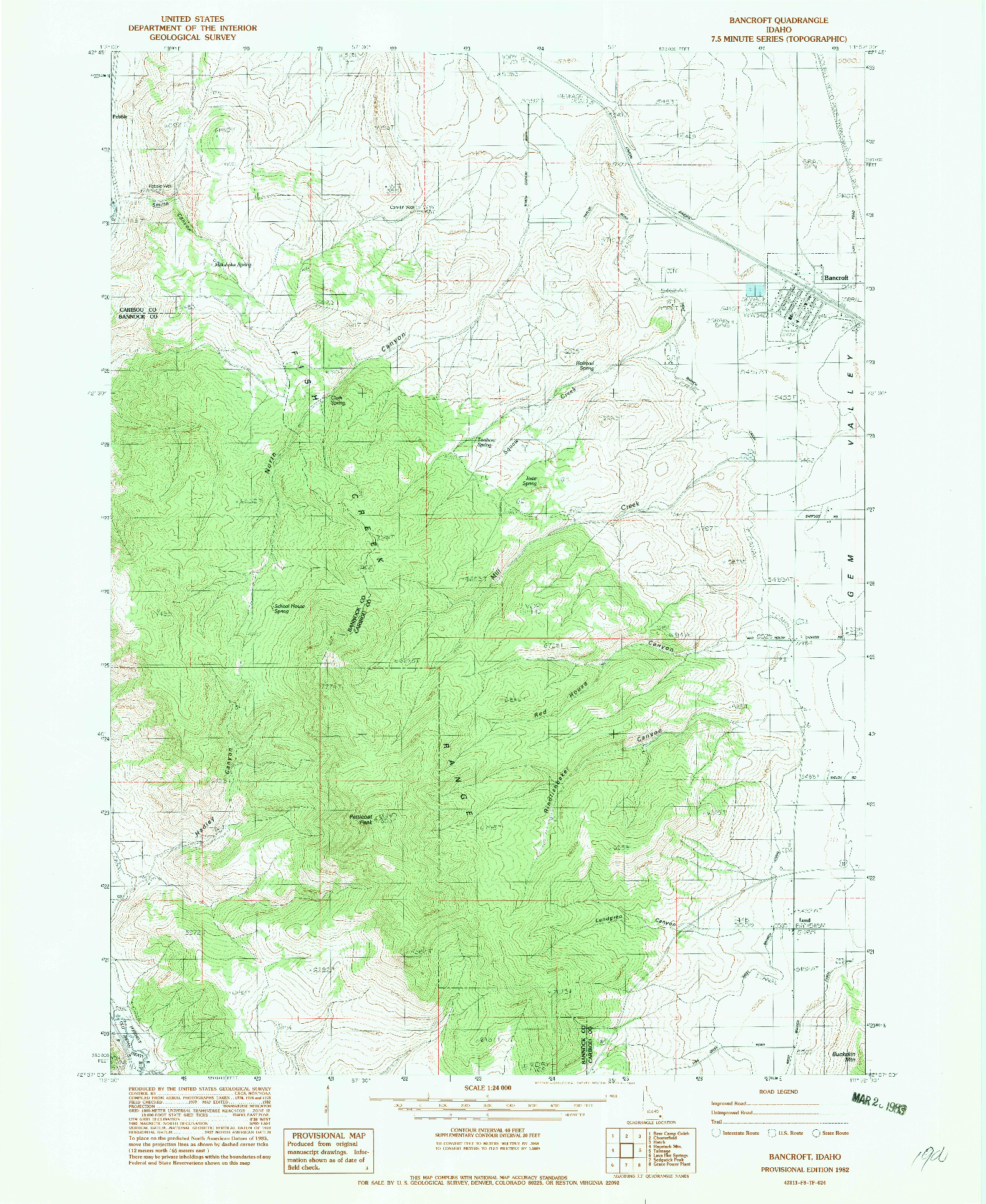 USGS 1:24000-SCALE QUADRANGLE FOR BANCROFT, ID 1982