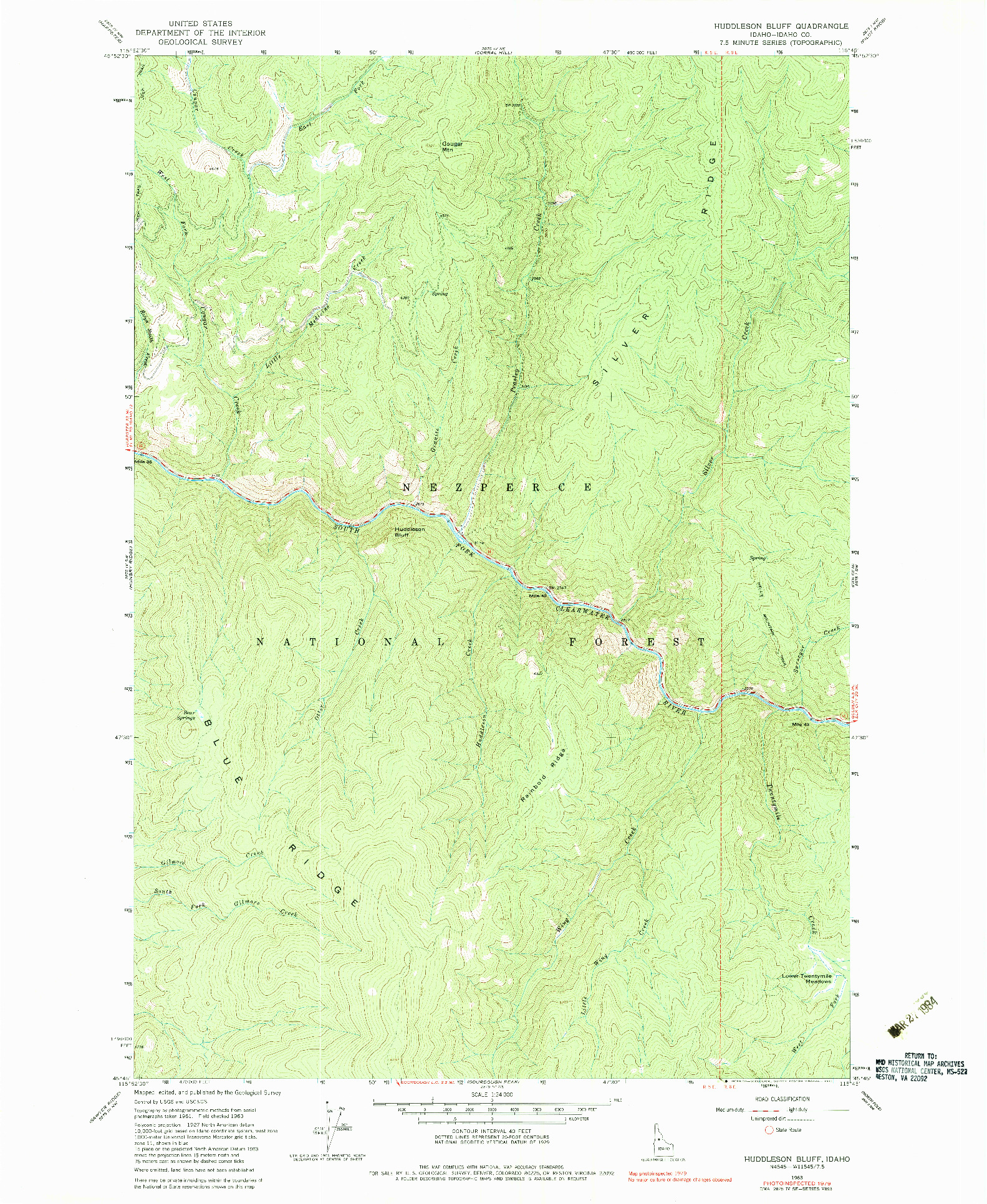 USGS 1:24000-SCALE QUADRANGLE FOR HUDDLESON BLUFF, ID 1963