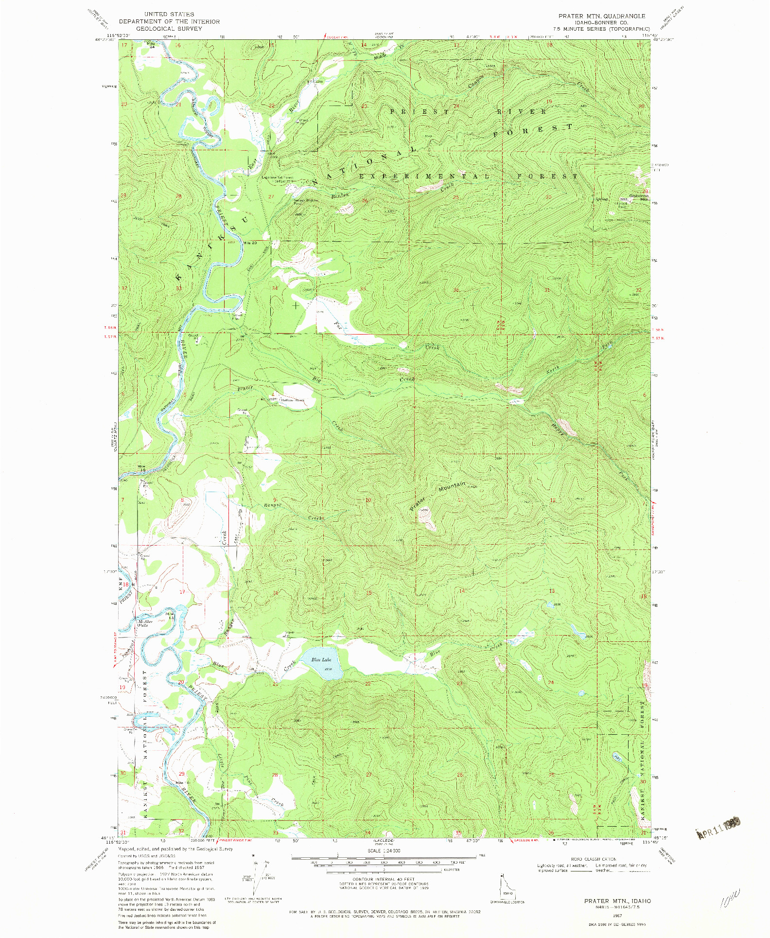 USGS 1:24000-SCALE QUADRANGLE FOR PRATER MTN, ID 1967