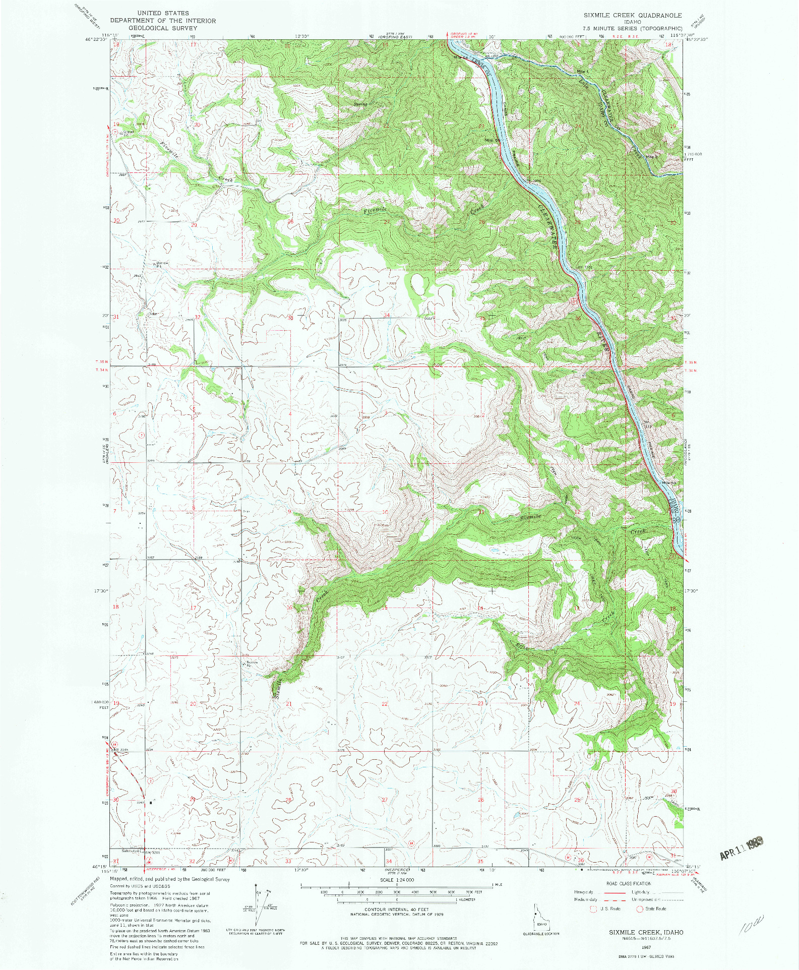USGS 1:24000-SCALE QUADRANGLE FOR SIXMILE CREEK, ID 1967