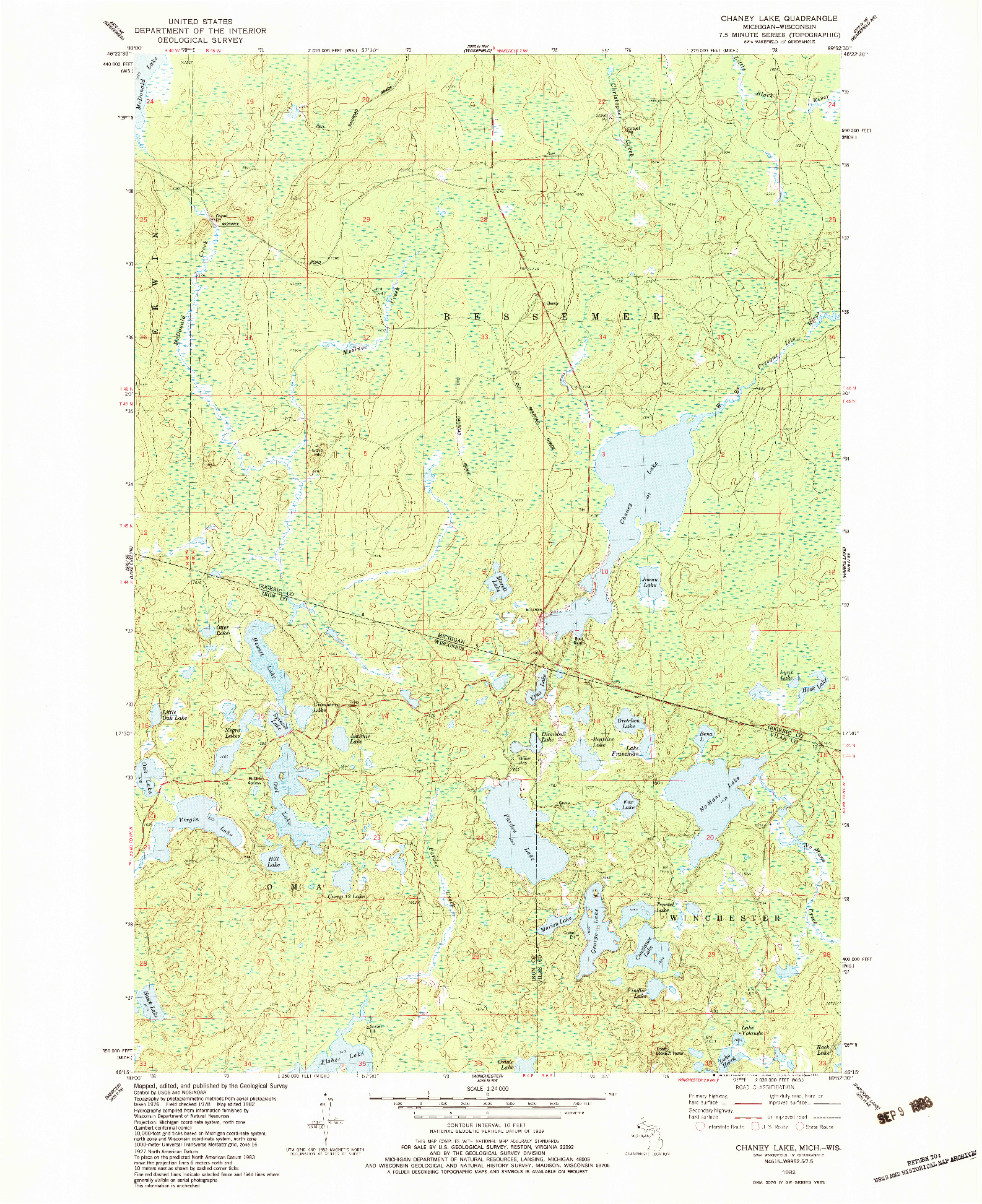 USGS 1:24000-SCALE QUADRANGLE FOR CHANEY LAKE, MI 1982
