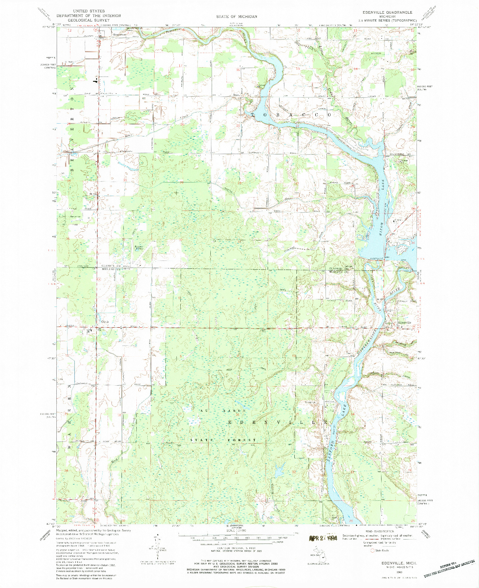 USGS 1:24000-SCALE QUADRANGLE FOR EDENVILLE, MI 1969