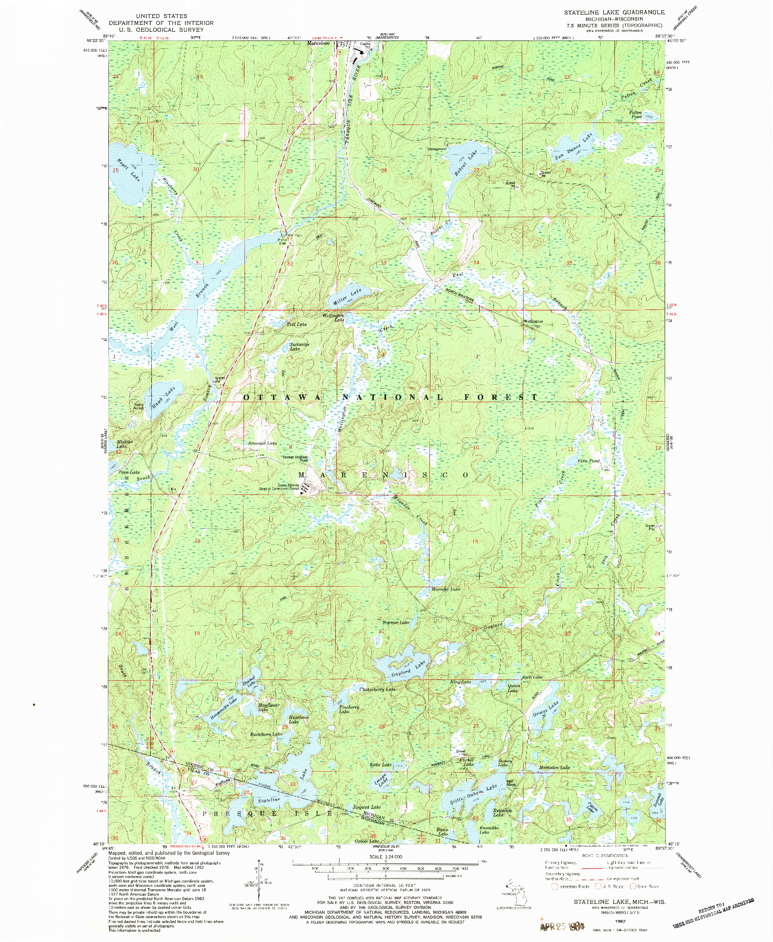 USGS 1:24000-SCALE QUADRANGLE FOR STATELINE LAKE, MI 1982