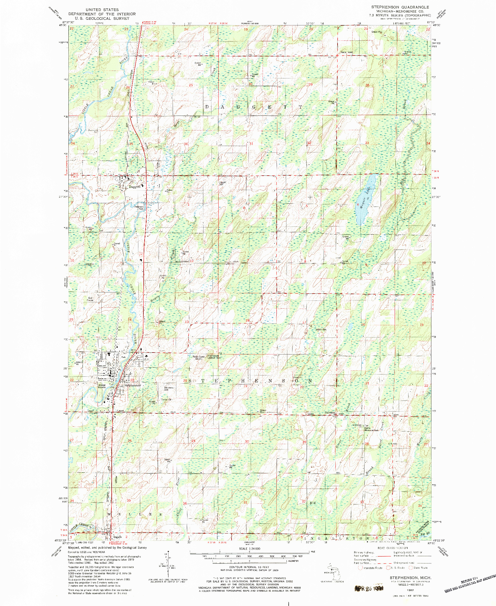 USGS 1:24000-SCALE QUADRANGLE FOR STEPHENSON, MI 1982