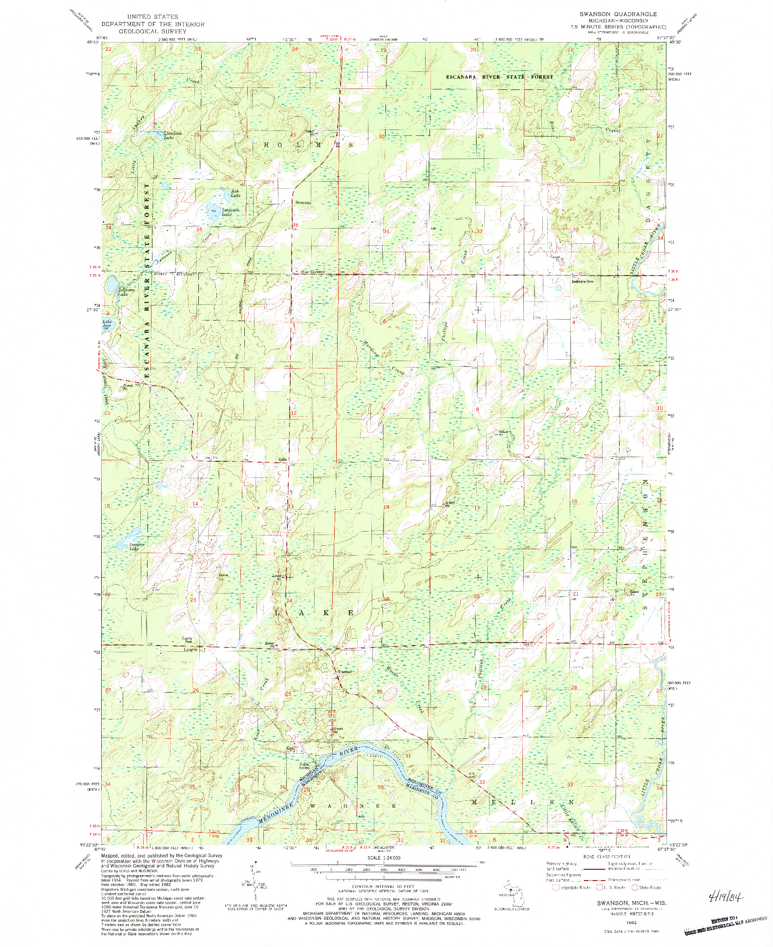 USGS 1:24000-SCALE QUADRANGLE FOR SWANSON, MI 1982
