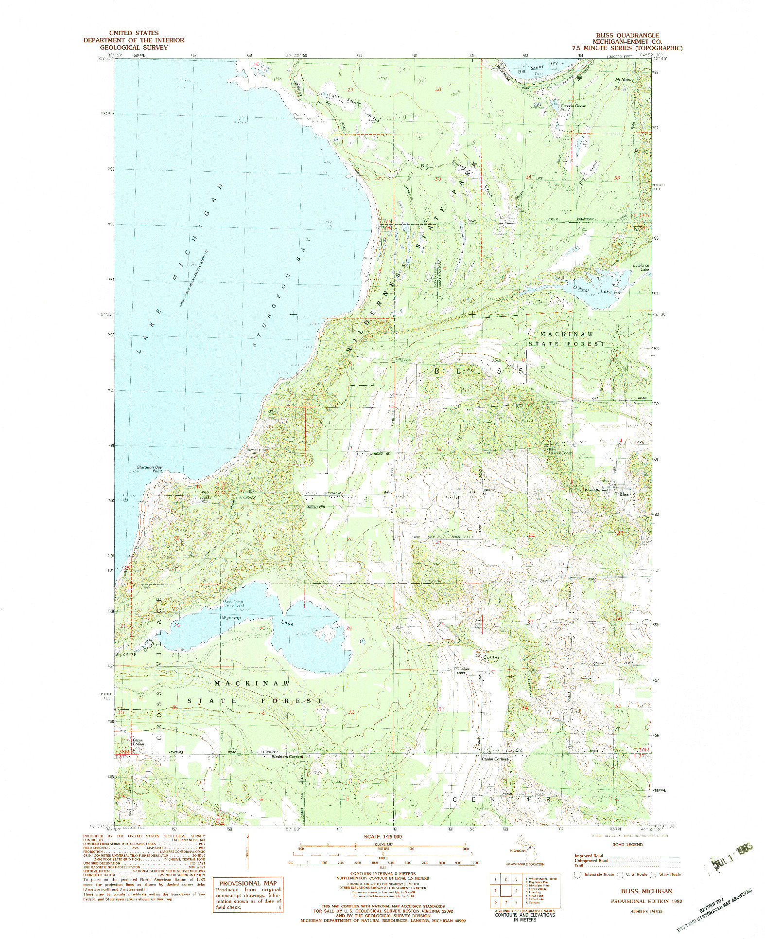 USGS 1:25000-SCALE QUADRANGLE FOR BLISS, MI 1982
