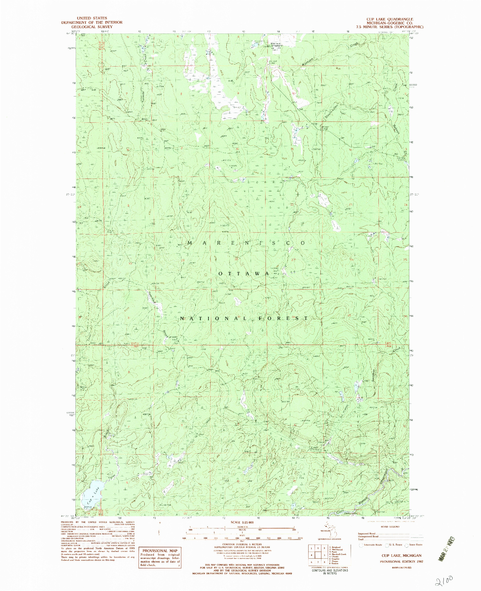 USGS 1:25000-SCALE QUADRANGLE FOR CUP LAKE, MI 1982