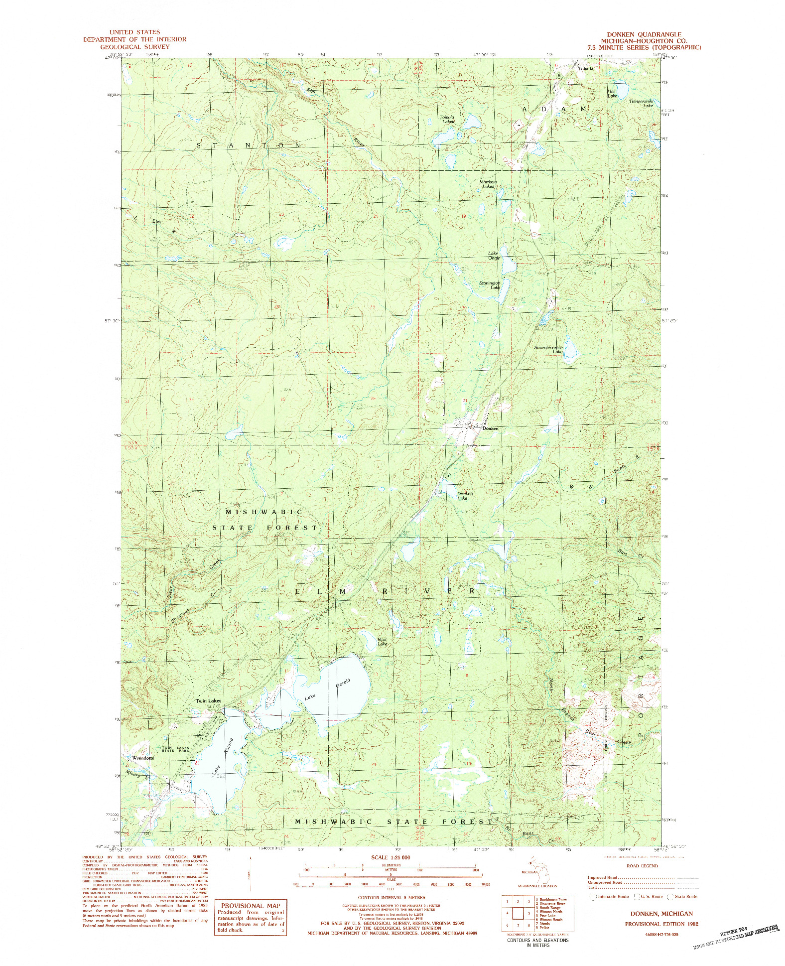 USGS 1:25000-SCALE QUADRANGLE FOR DONKEN, MI 1982