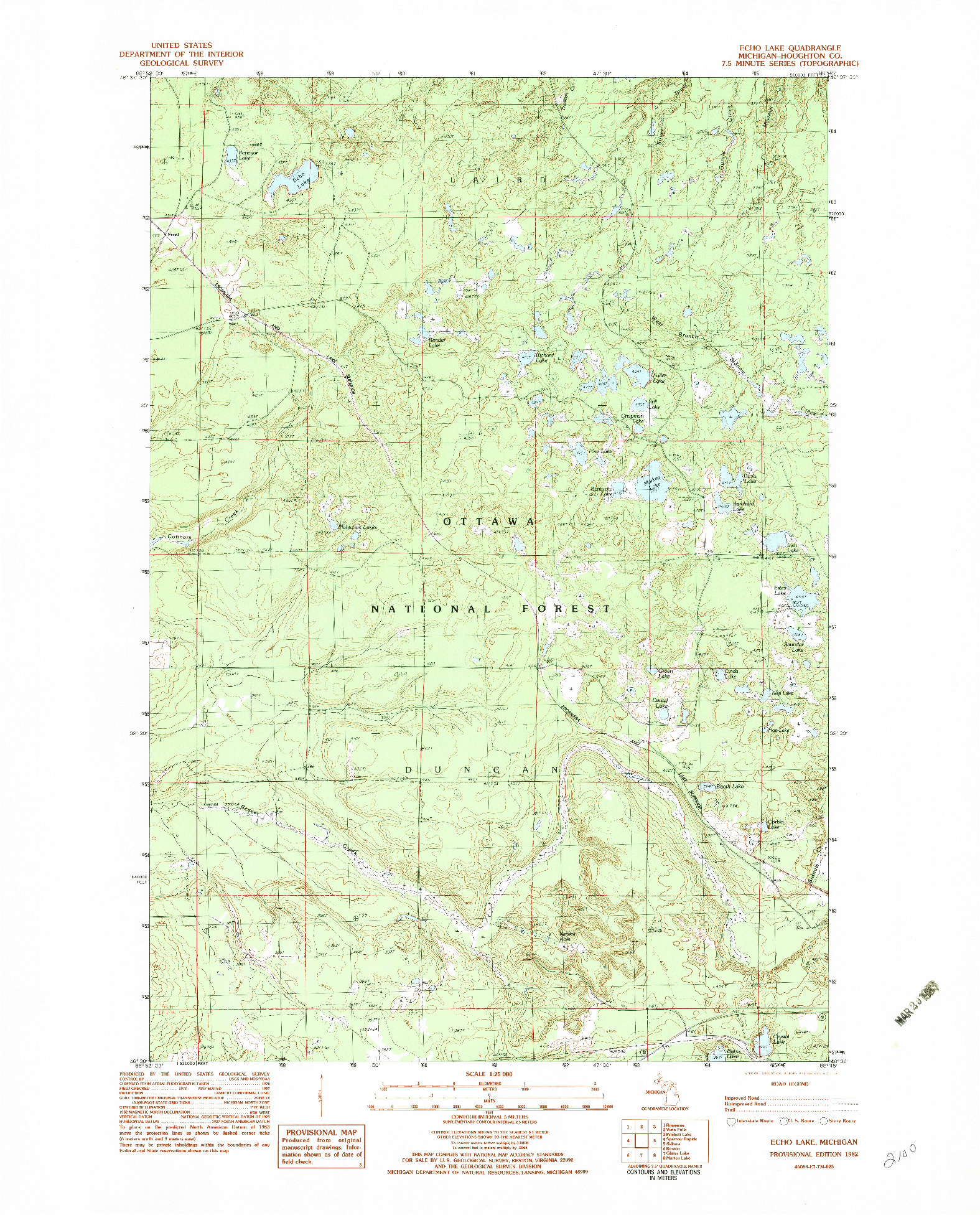 USGS 1:25000-SCALE QUADRANGLE FOR ECHO LAKE, MI 1982