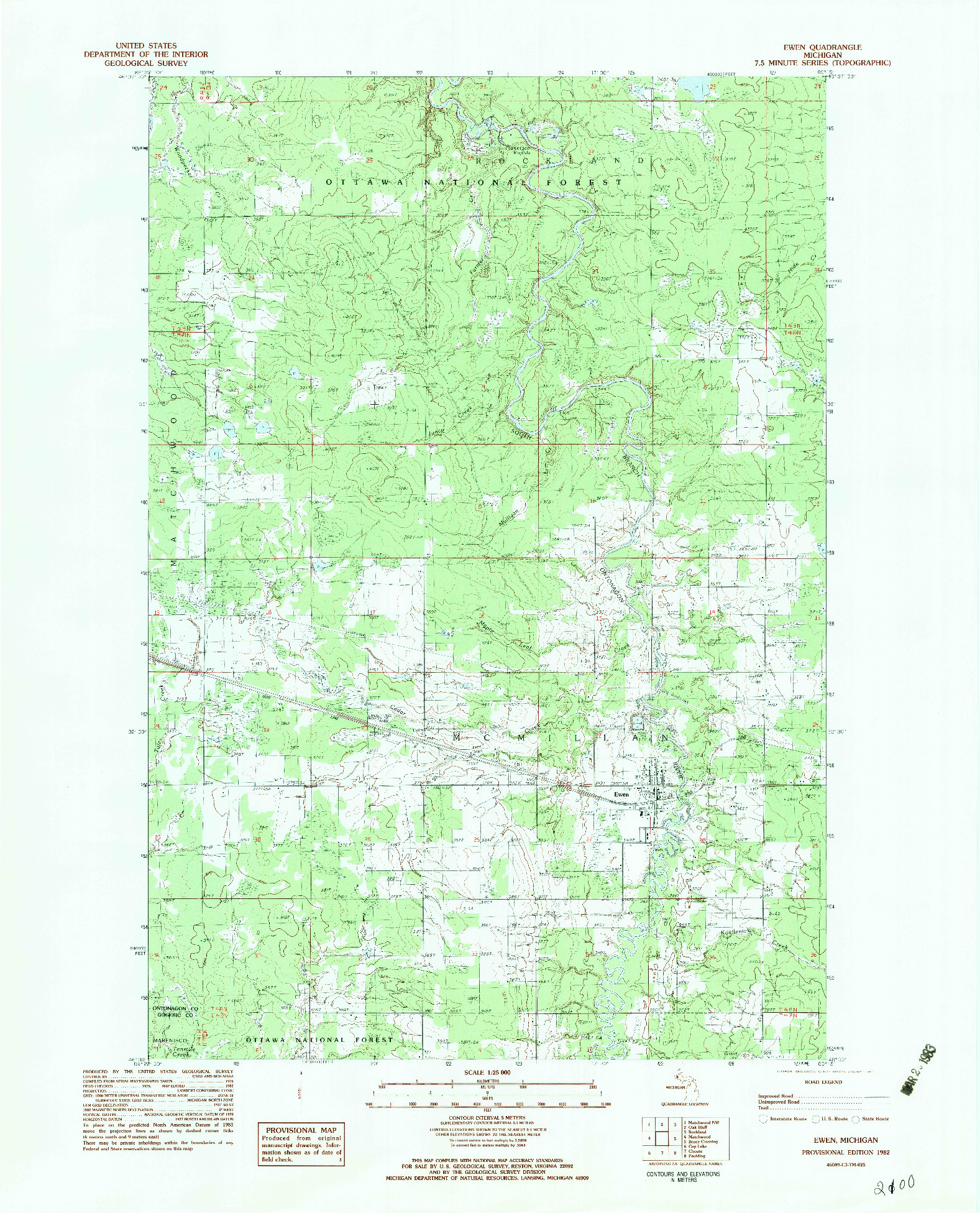 USGS 1:25000-SCALE QUADRANGLE FOR EWEN, MI 1982