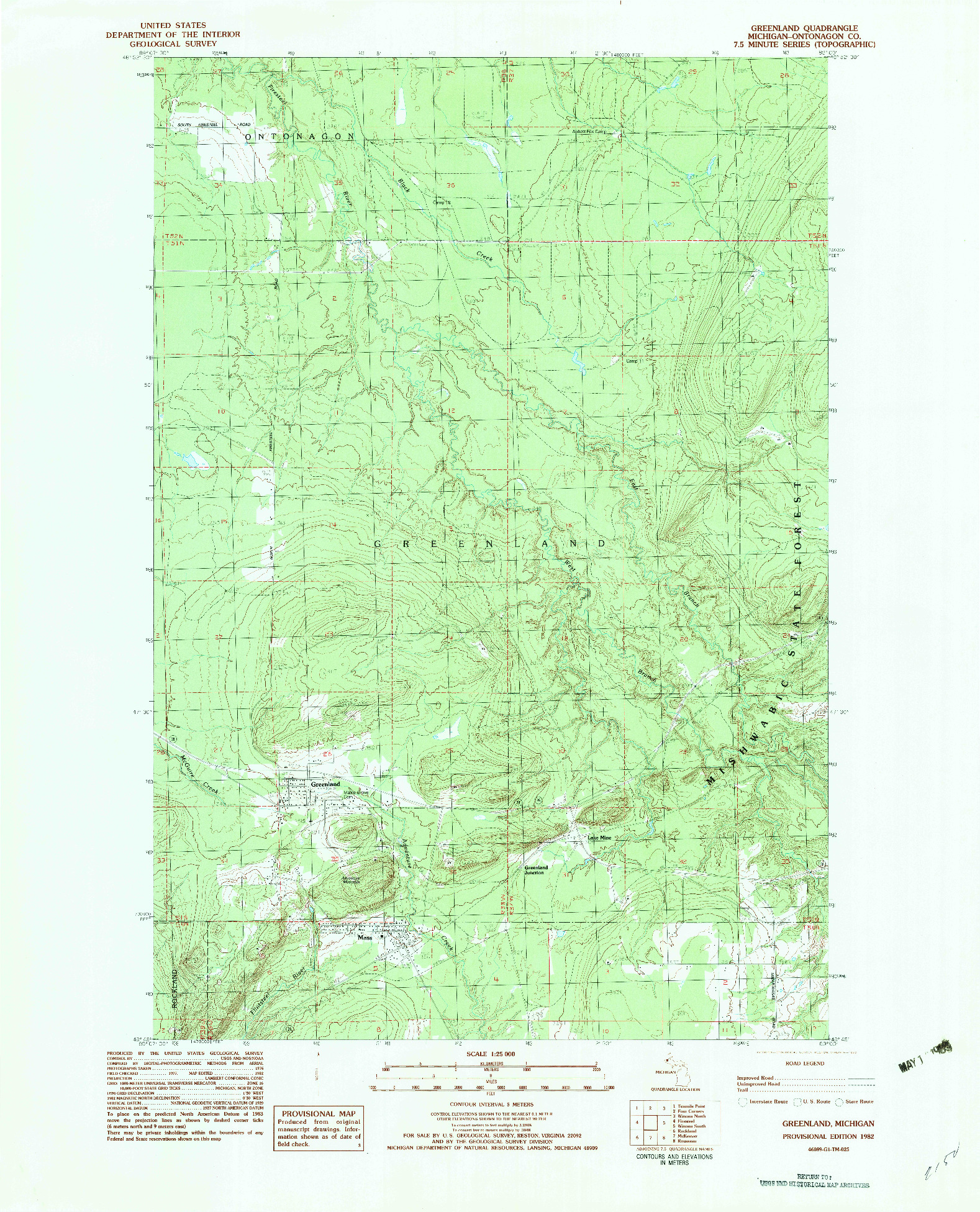 USGS 1:25000-SCALE QUADRANGLE FOR GREENLAND, MI 1982