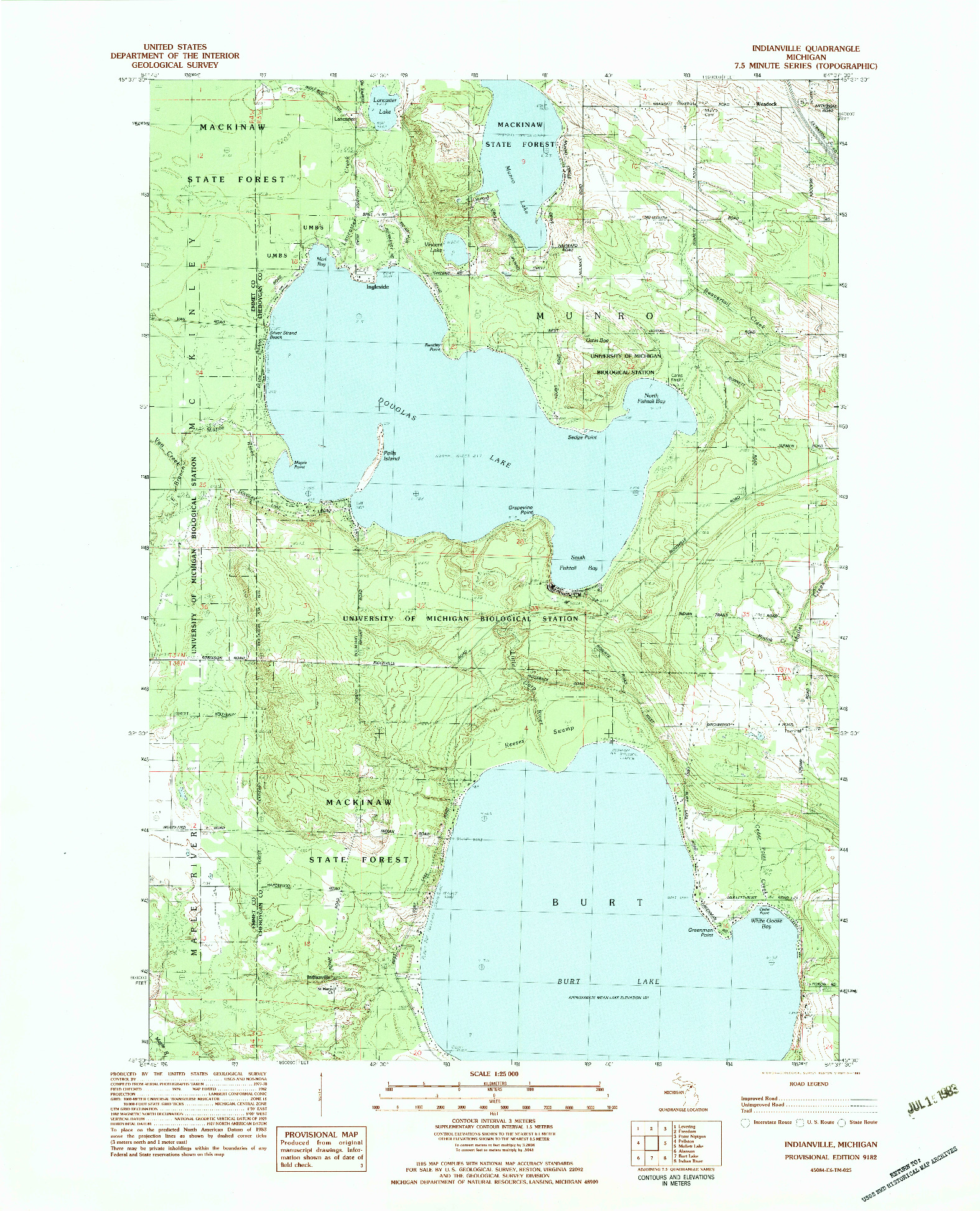 USGS 1:25000-SCALE QUADRANGLE FOR INDIANVILLE, MI 1982