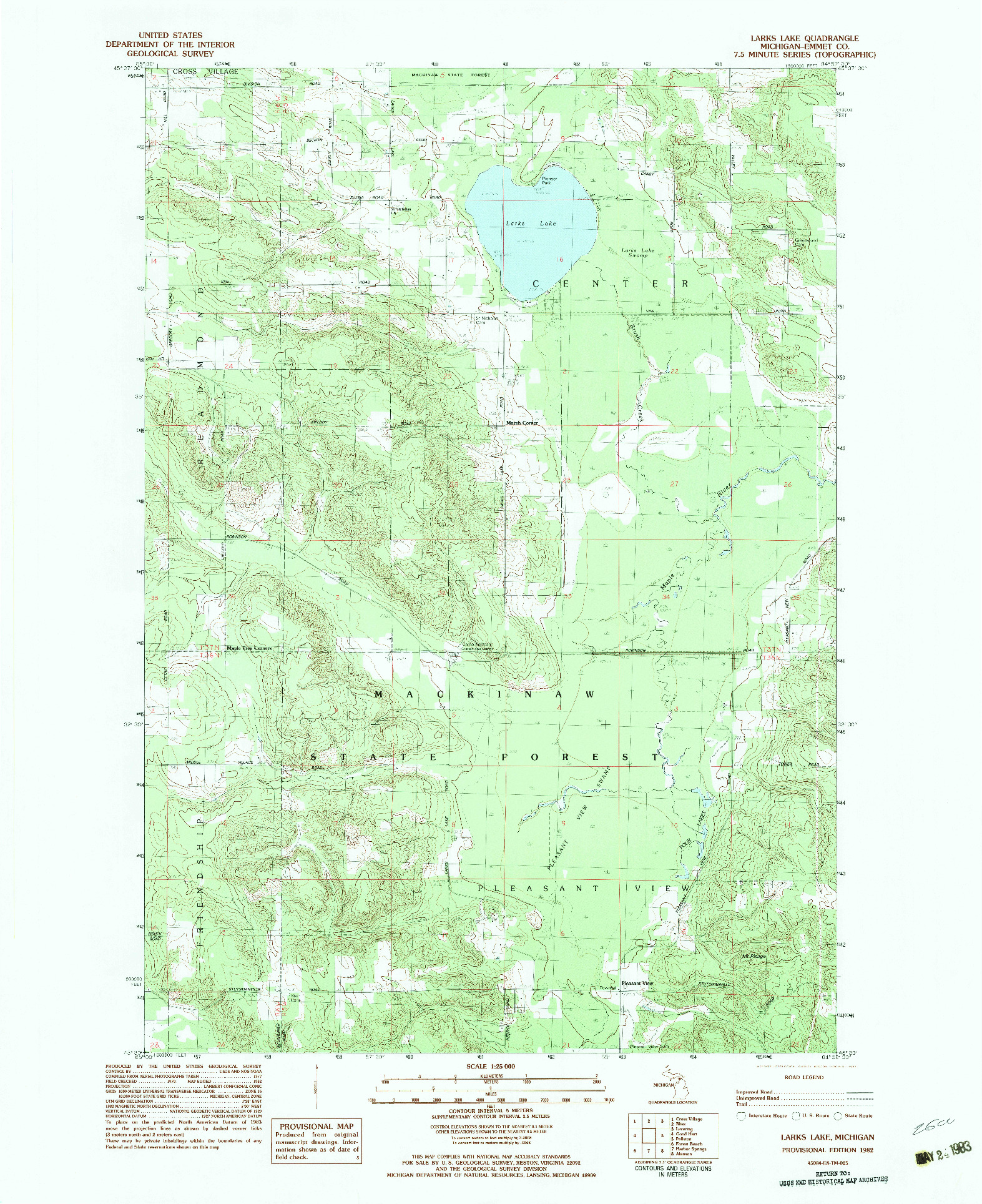 USGS 1:25000-SCALE QUADRANGLE FOR LARKS LAKE, MI 1982