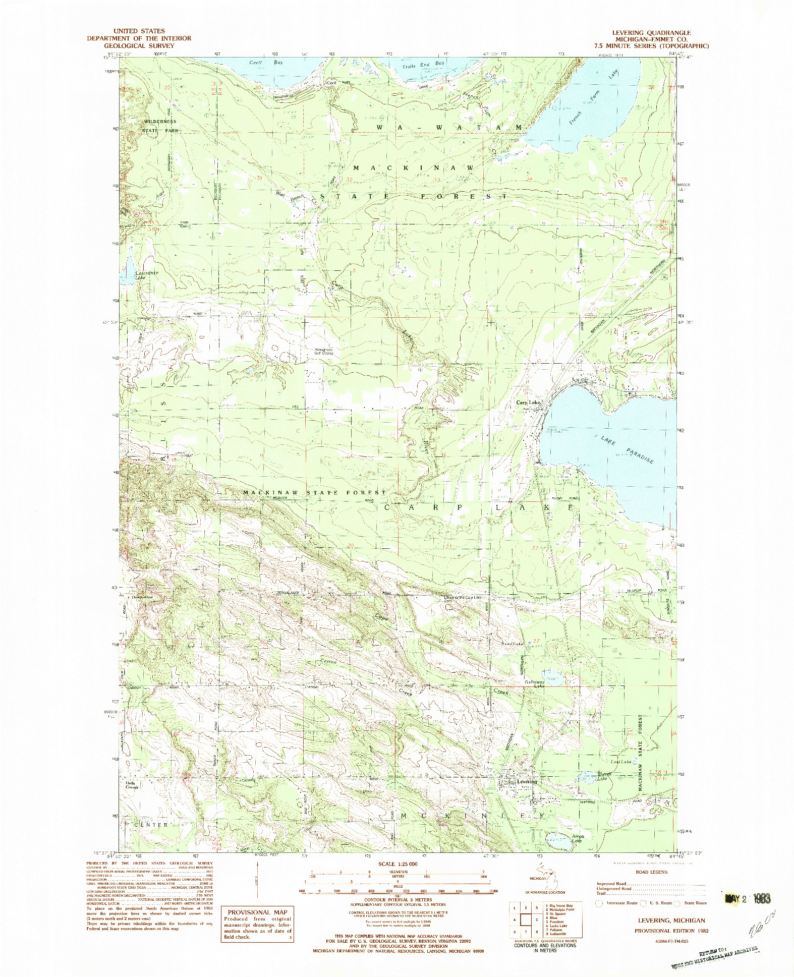 USGS 1:25000-SCALE QUADRANGLE FOR LEVERING, MI 1982