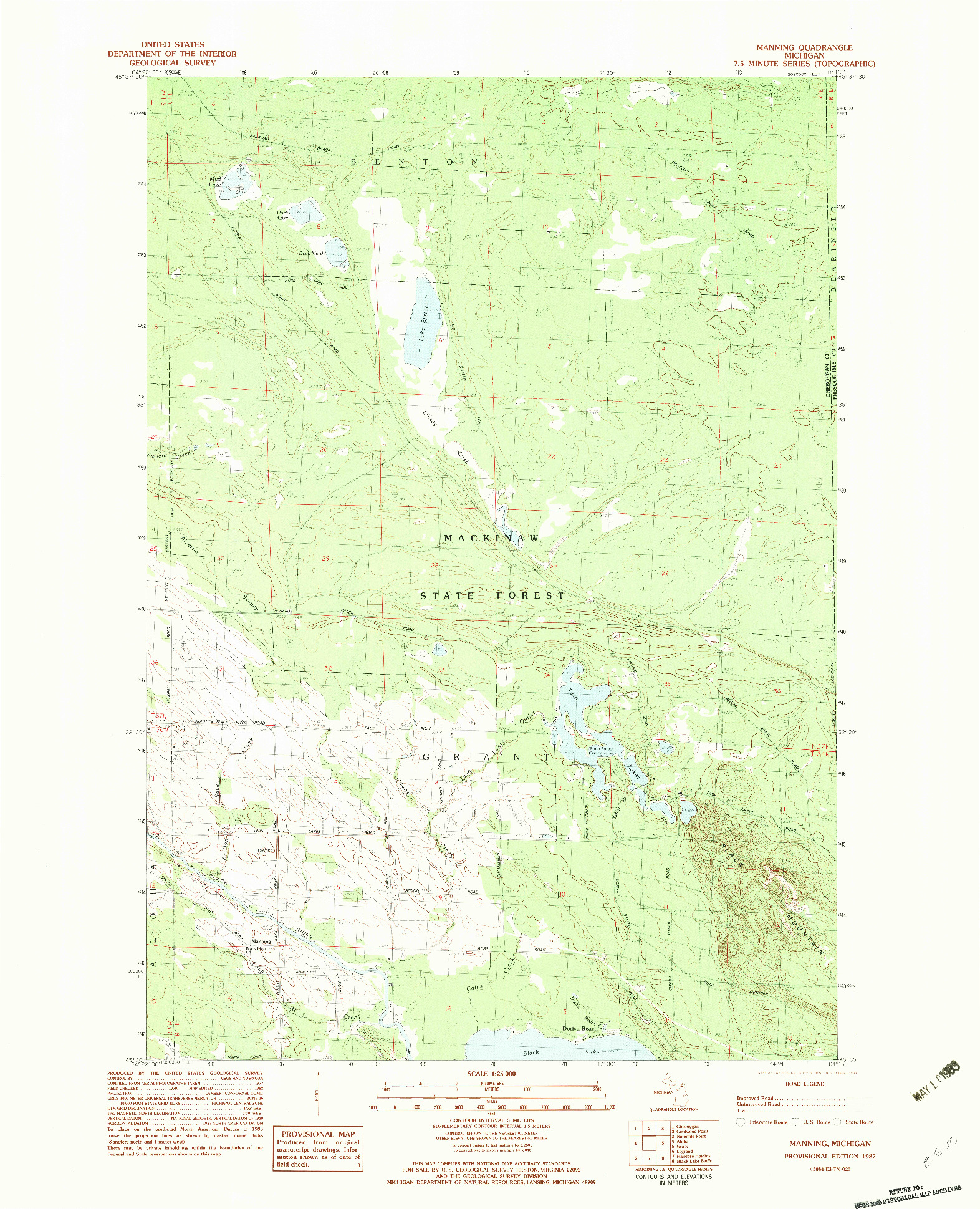 USGS 1:25000-SCALE QUADRANGLE FOR MANNING, MI 1982