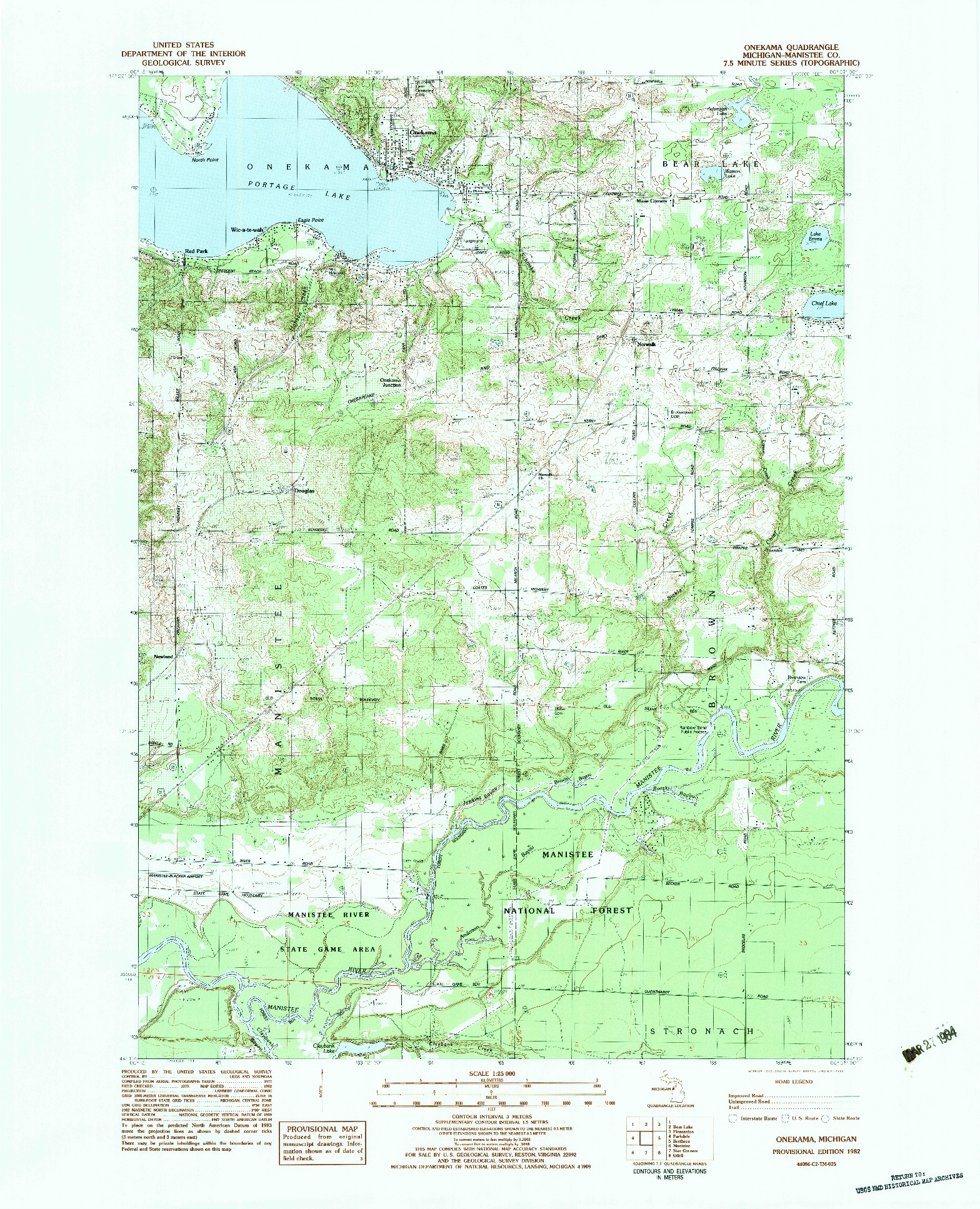 USGS 1:25000-SCALE QUADRANGLE FOR ONEKAMA, MI 1982