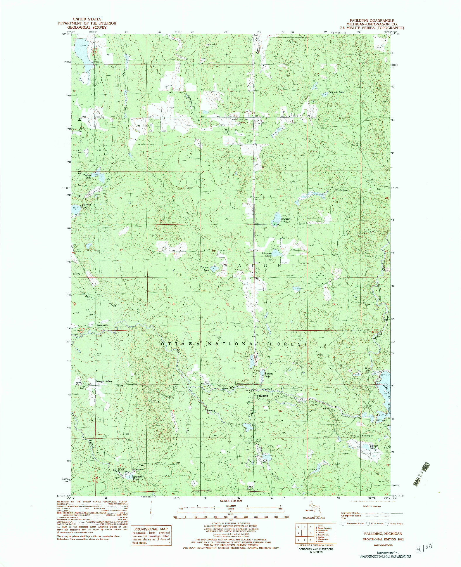 USGS 1:25000-SCALE QUADRANGLE FOR PAULDING, MI 1982