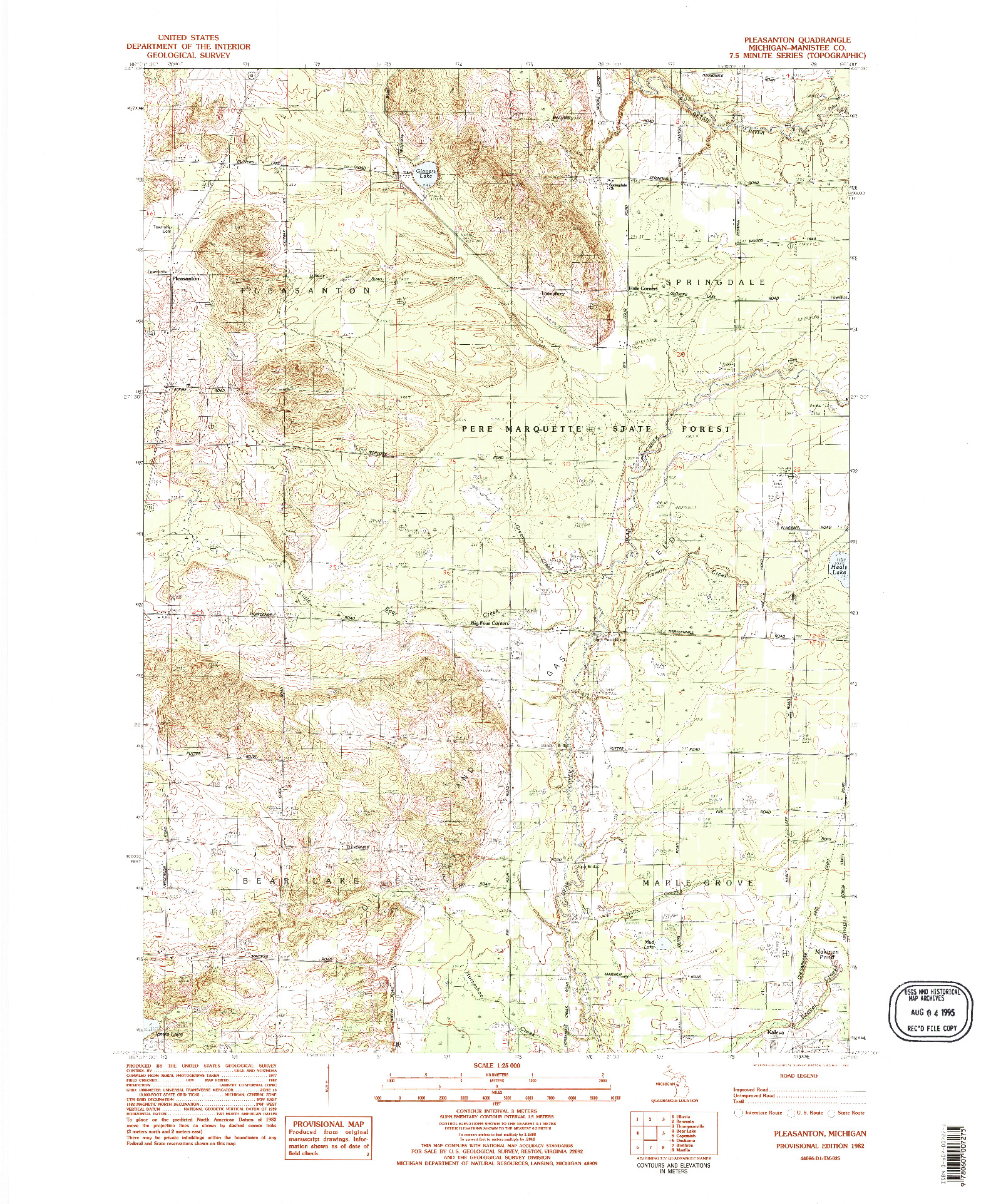 USGS 1:25000-SCALE QUADRANGLE FOR PLEASANTON, MI 1982