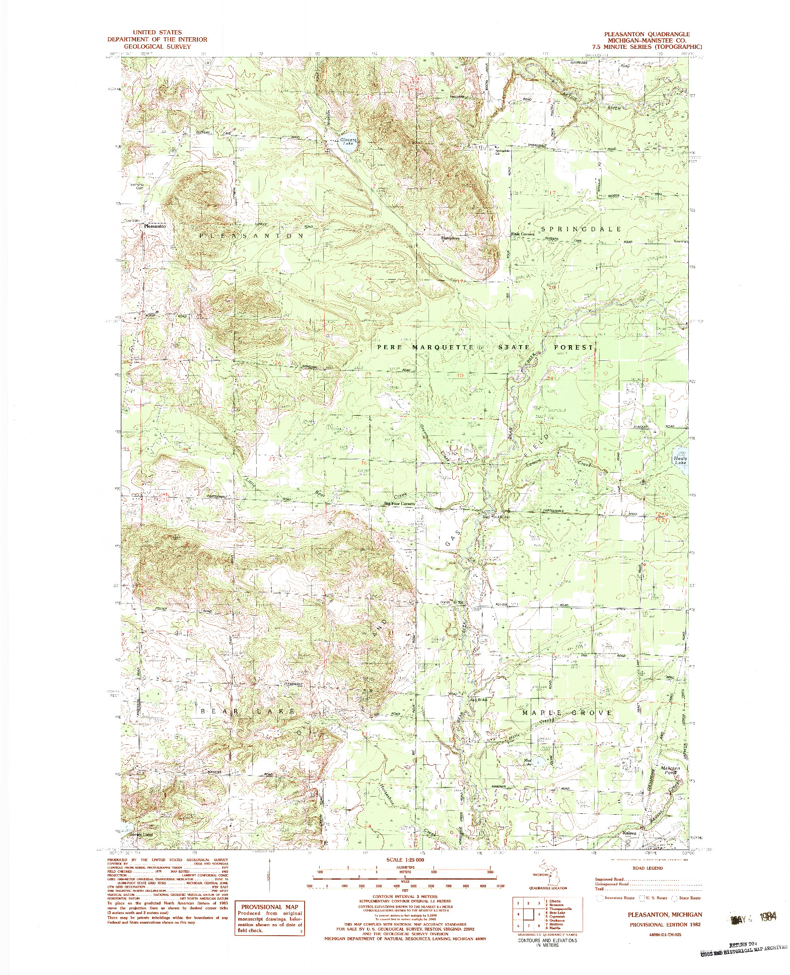 USGS 1:25000-SCALE QUADRANGLE FOR PLEASANTON, MI 1982