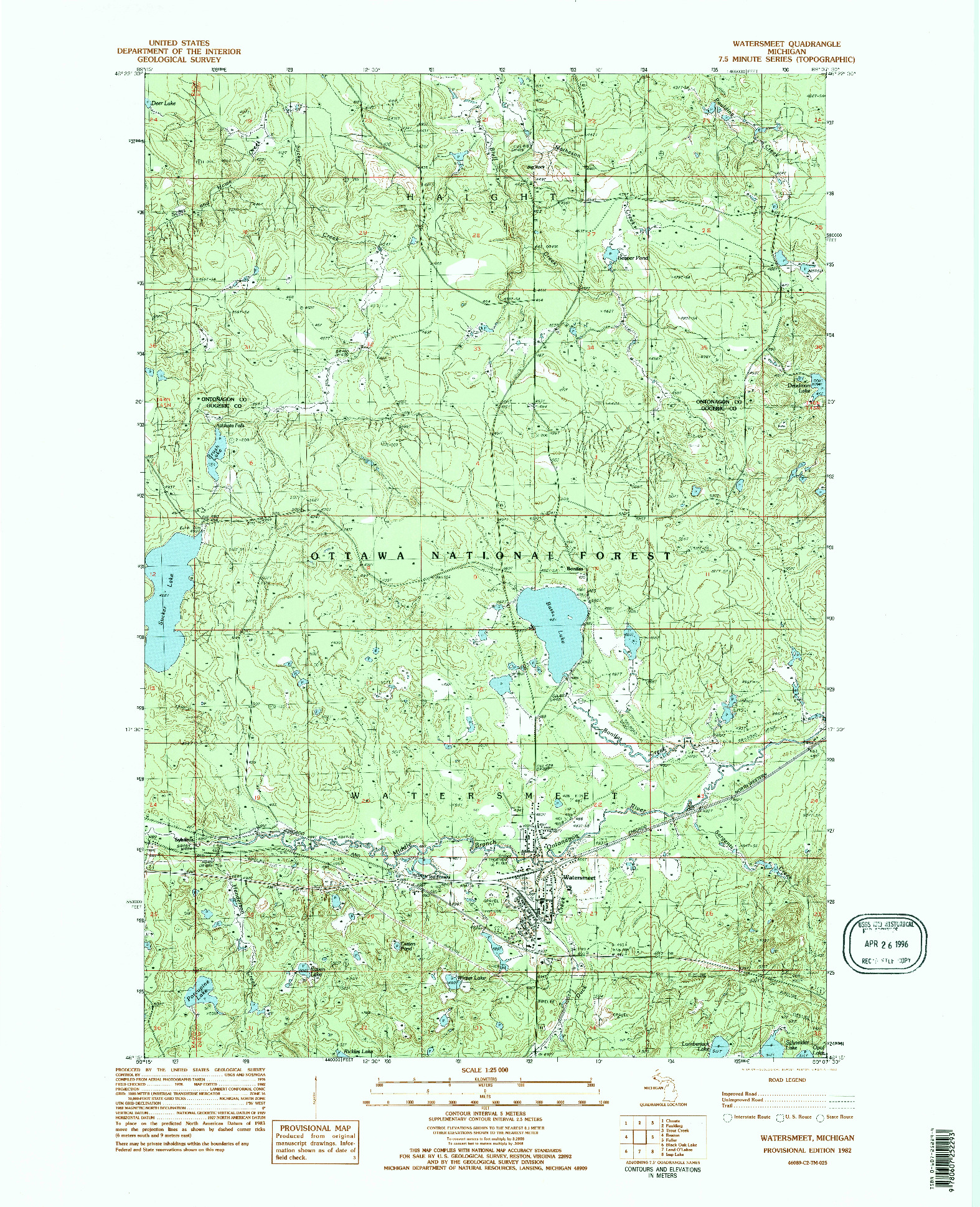 USGS 1:25000-SCALE QUADRANGLE FOR WATERSMEET, MI 1982