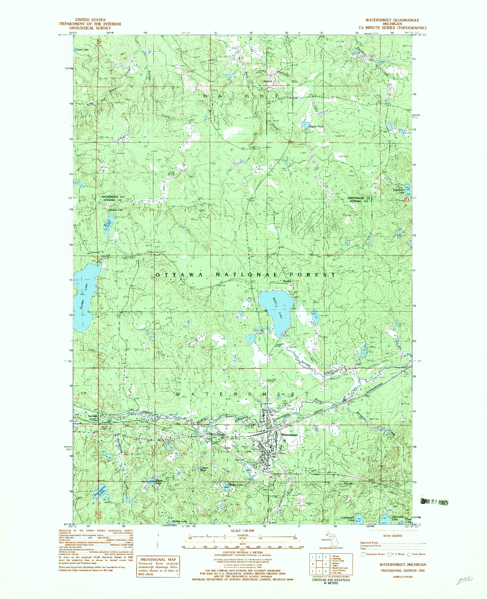 USGS 1:25000-SCALE QUADRANGLE FOR WATERSMEET, MI 1982