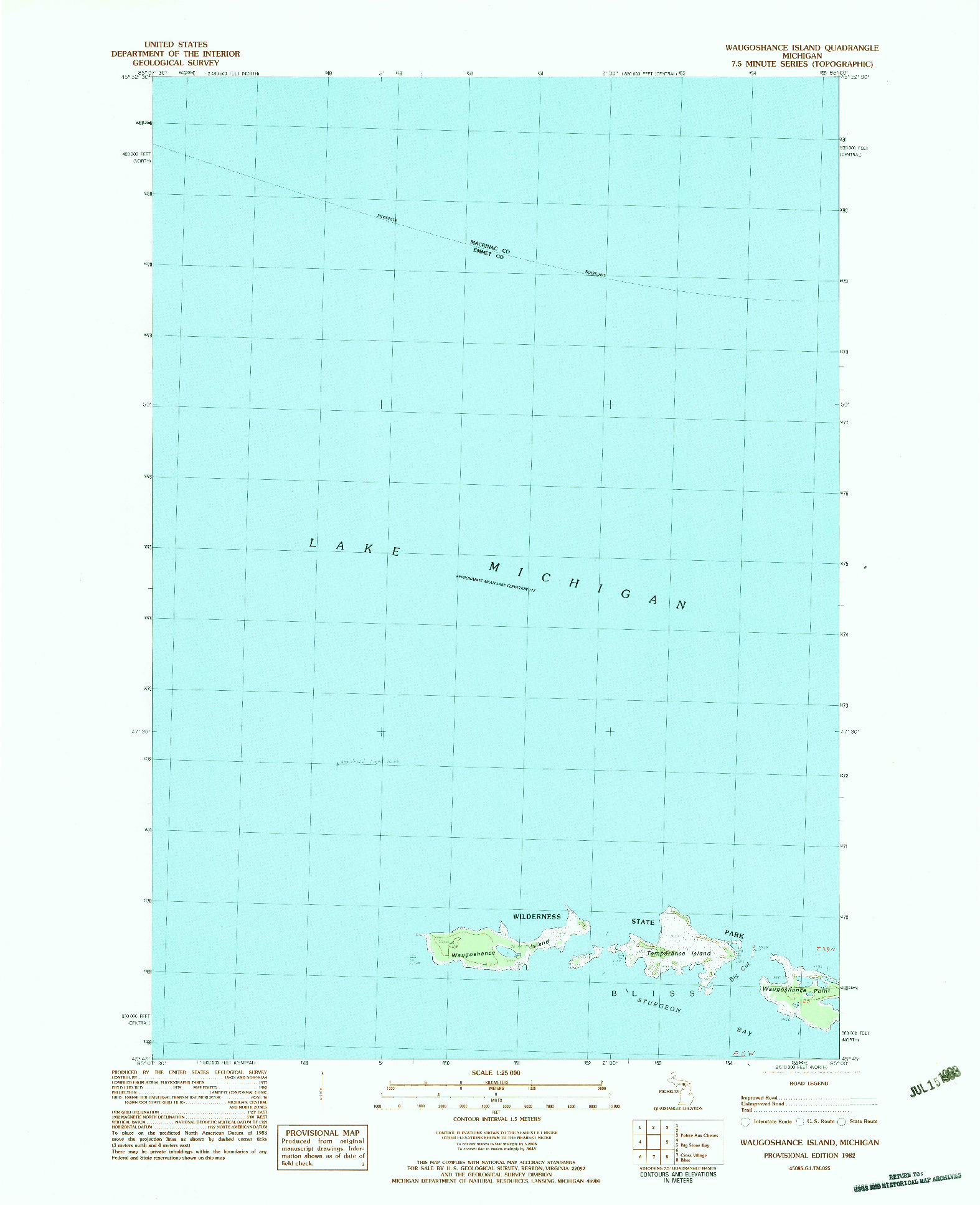 USGS 1:25000-SCALE QUADRANGLE FOR WAUGOSHANCE ISLAND, MI 1982